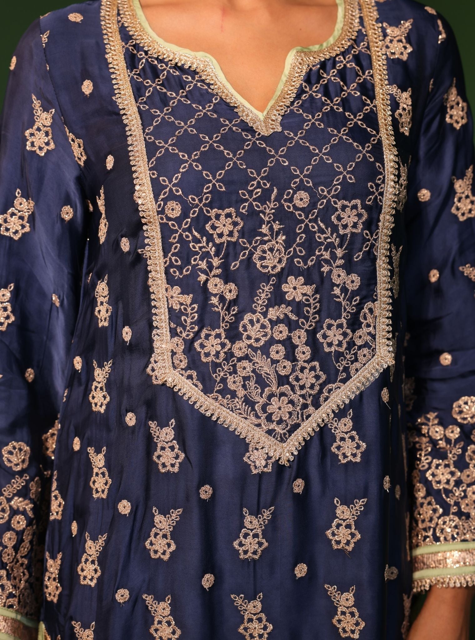 Mulmul Cupro Satin Nazakat Navy kurta With Mulmul Cupro Satin Nazakat Navy Pant