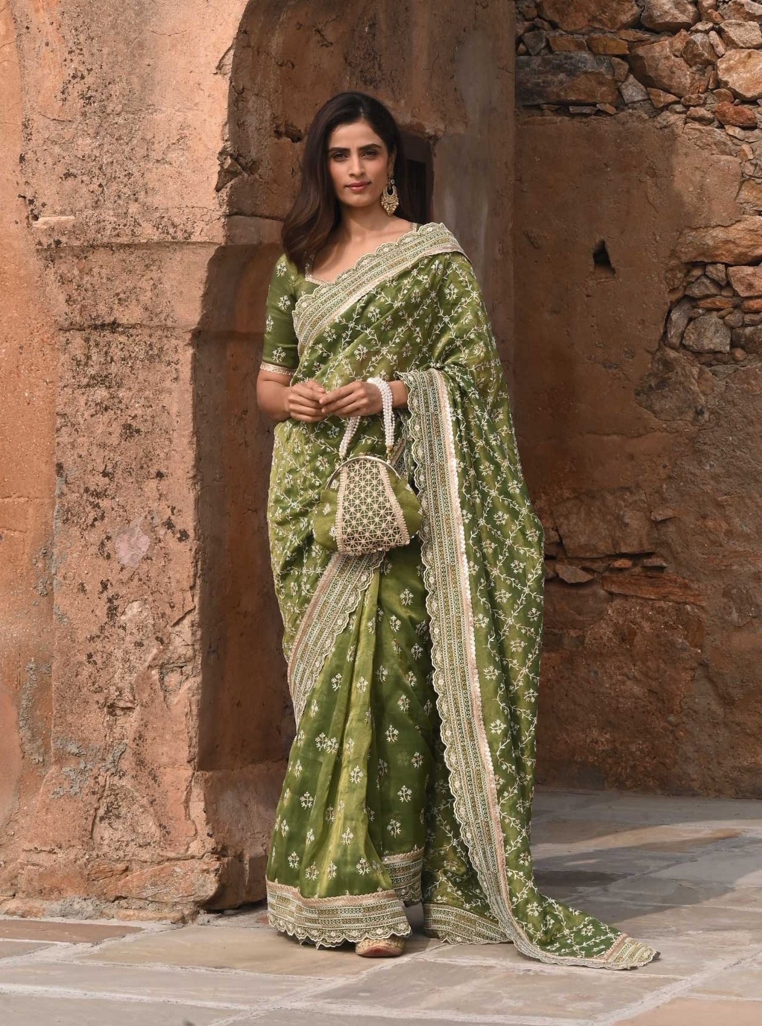 Mulmul Luxe Tissue Mehram Moss Green Saree