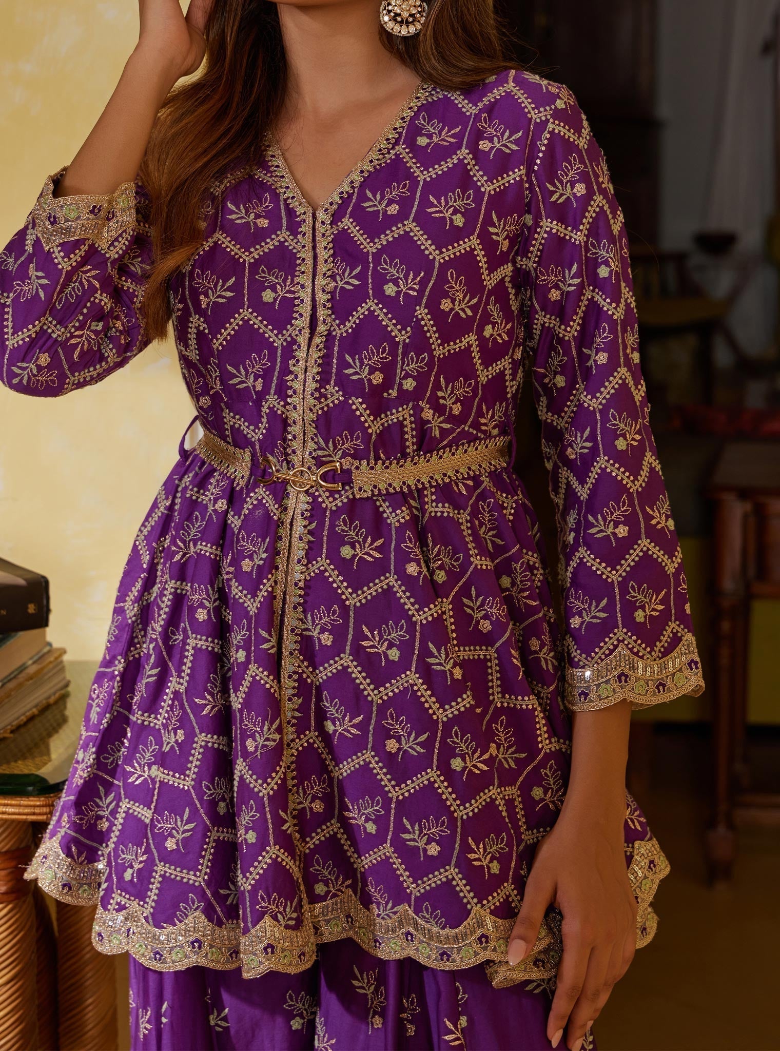 Mulmul Pima Bisini Purple Top With Mulmul Bisini Purple Sharara