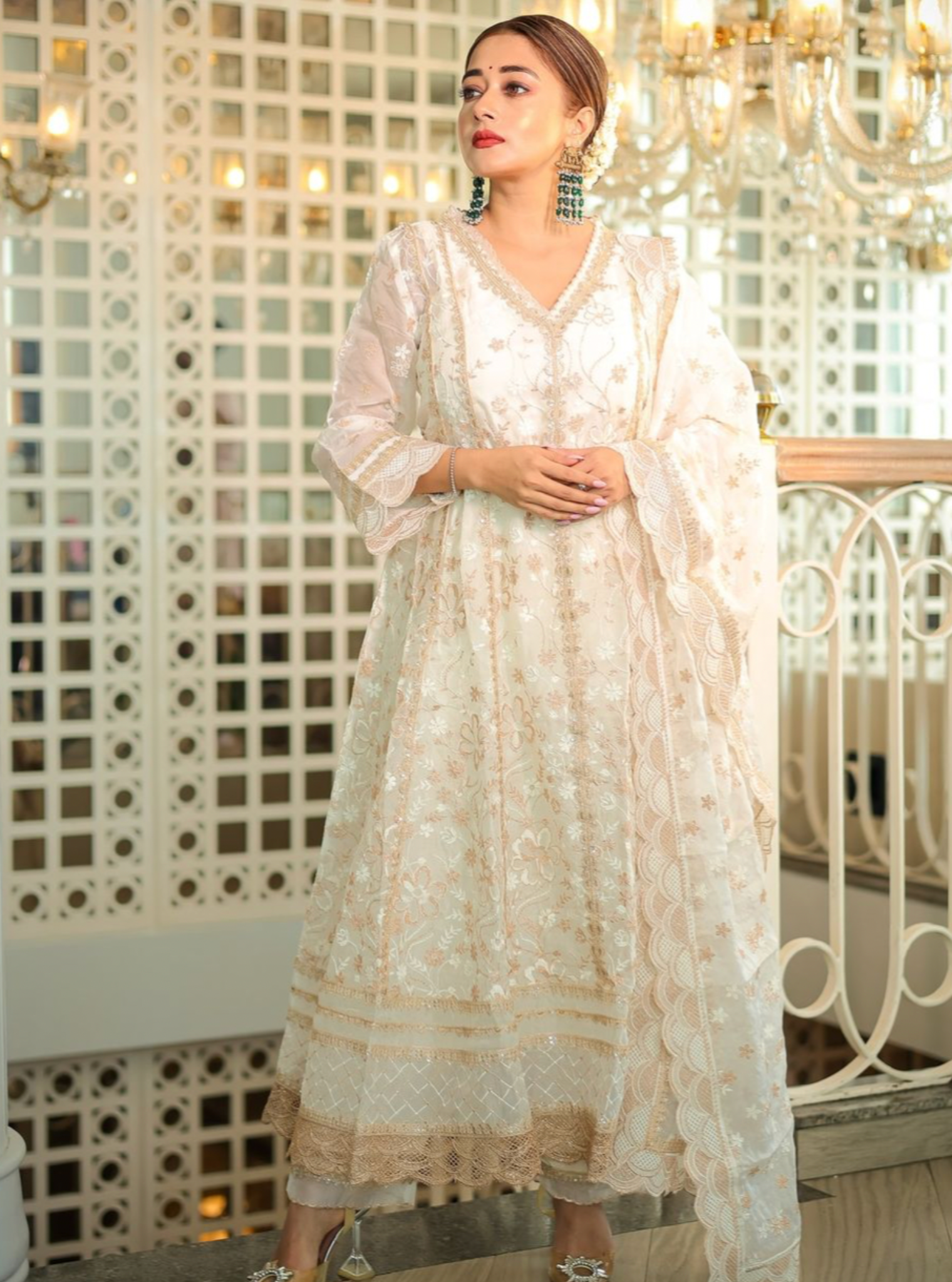 Mulmul Organza Sirikit Off White Anarkali Kurta With Mulmul Pima Satin Sirikit Off White Pant