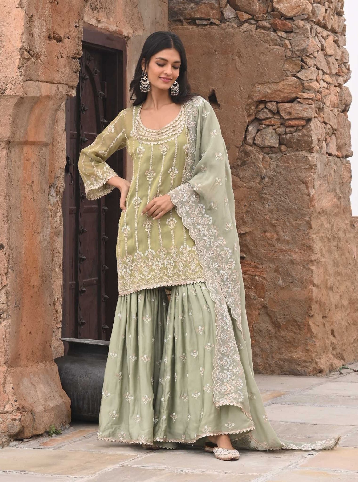 Mulmul Luxe Tissue Heer Sage Green Kurta with Mulmul Organza Satin Heer Sage Green Garara