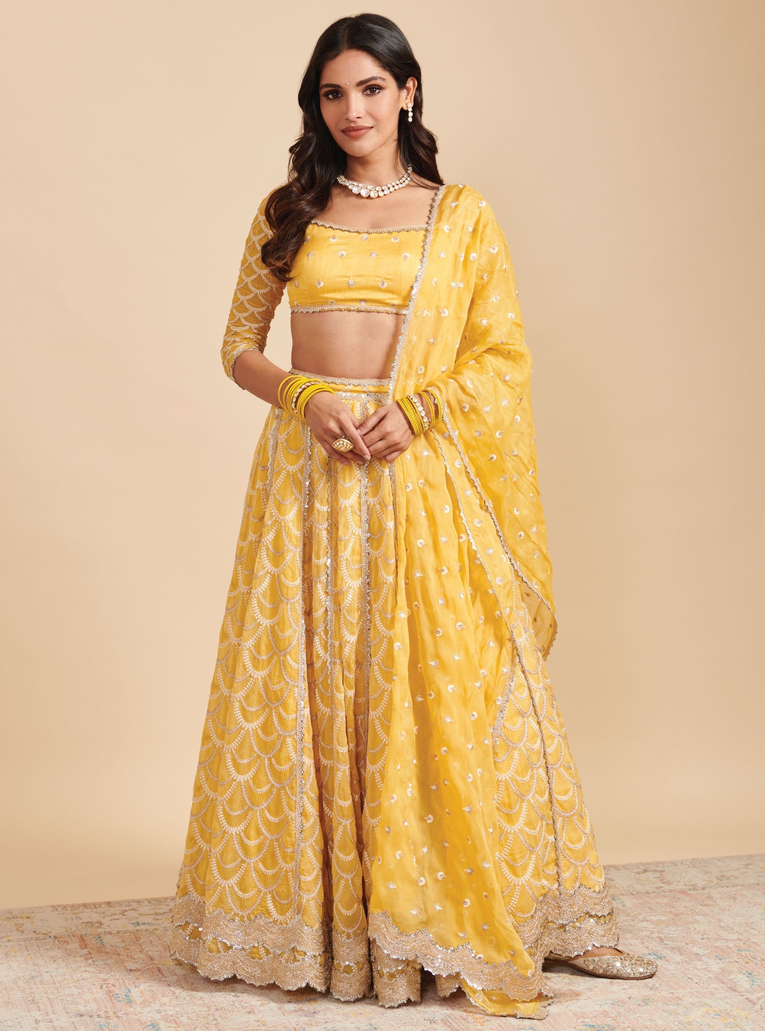 Mulmul Organza Morni Yellow Lehenga