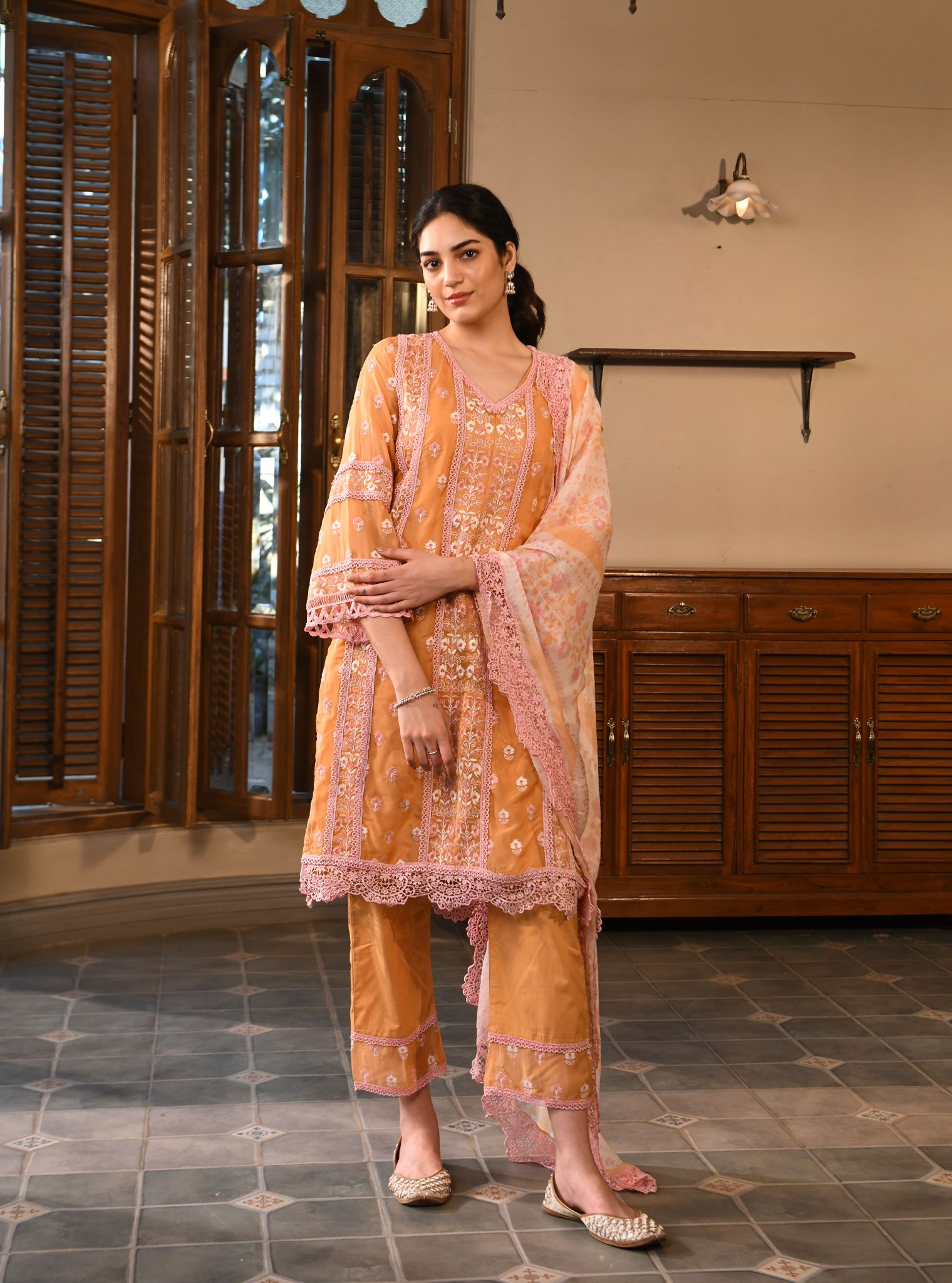 Mulmul Organza Paniz Orange Kurta With Mulmul Cotton Paniz Orange Pant