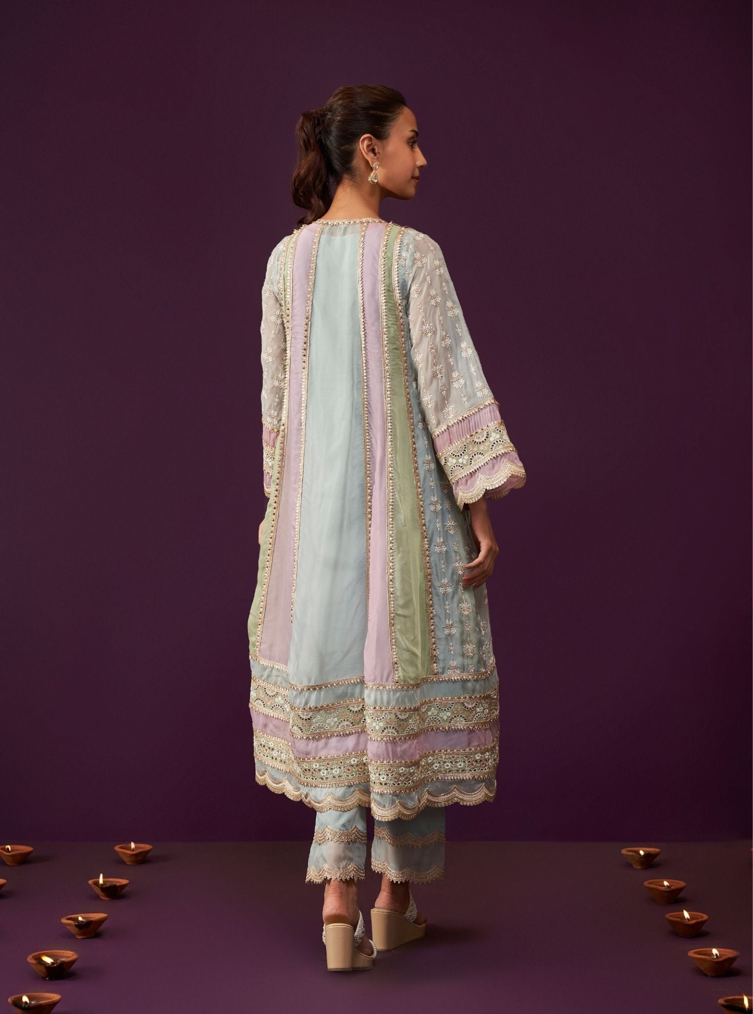 Mulmul Organza Sawika Light Blue Anarkali Kurta With Mulmul Pima Satin Sawika Light Blue Pant