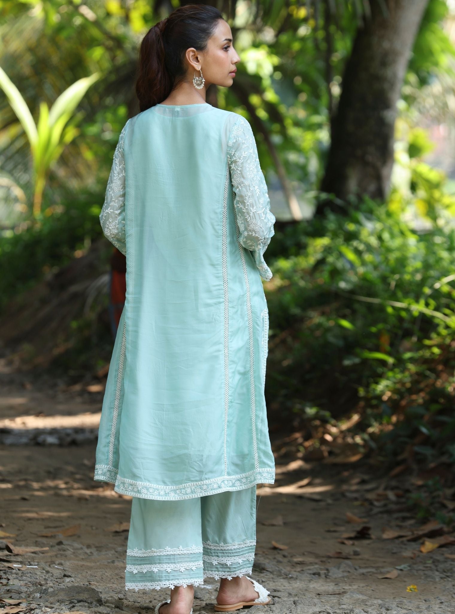 Mulmul Organza Caara Teal Blue Kurta With Mulmul Cotton Caara Teal Blue Pant