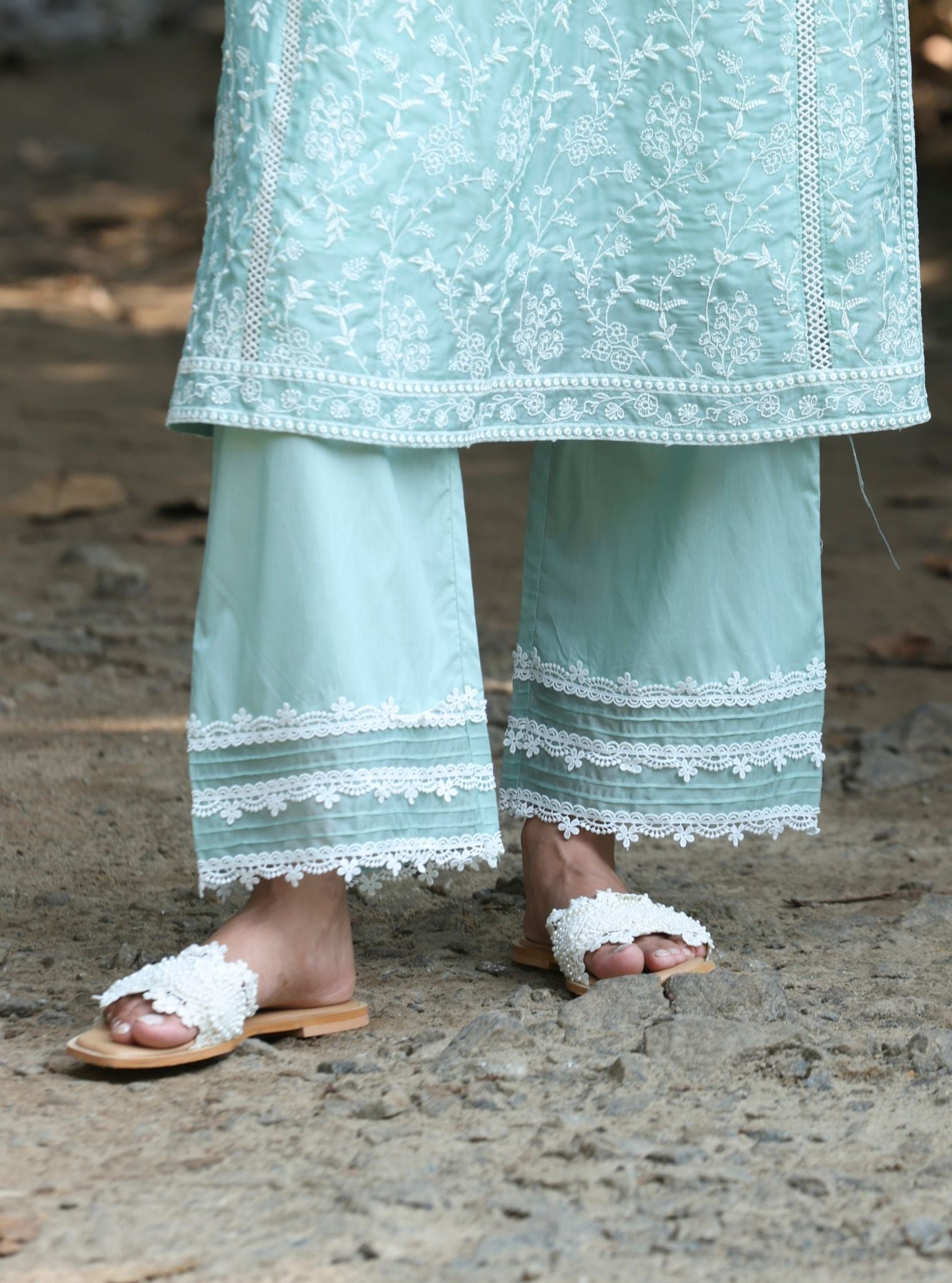 Mulmul Organza Caara Teal Blue Kurta With Mulmul Cotton Caara Teal Blue Pant