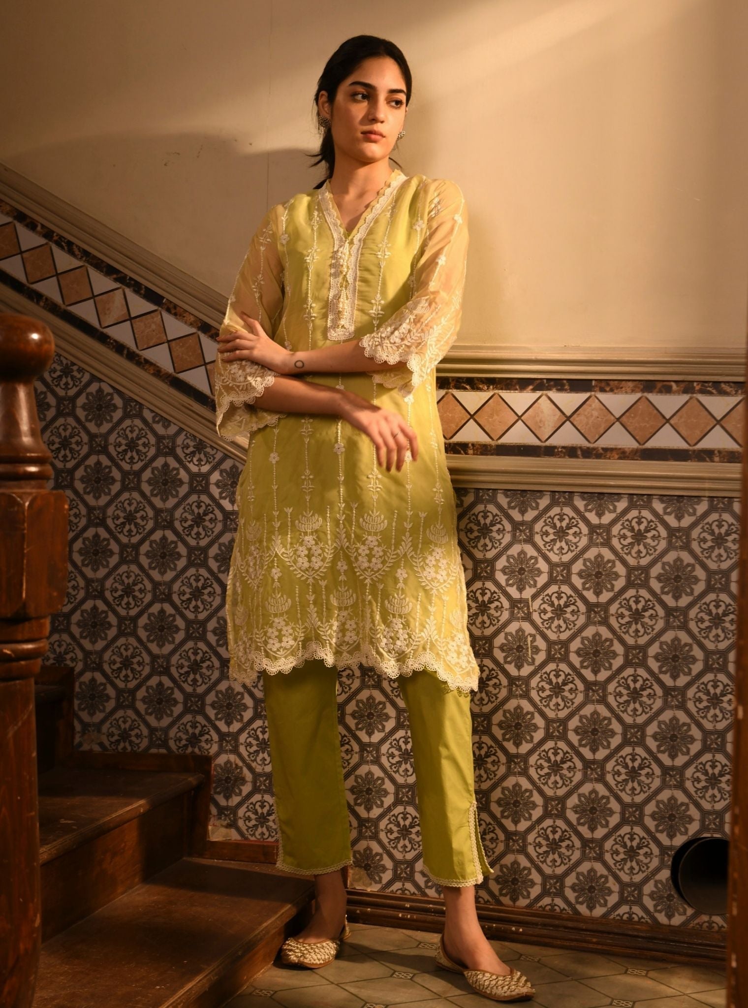 Mulmul Organza Nima Lime Kurta With Mulmul Cotton Nima Lime Pant