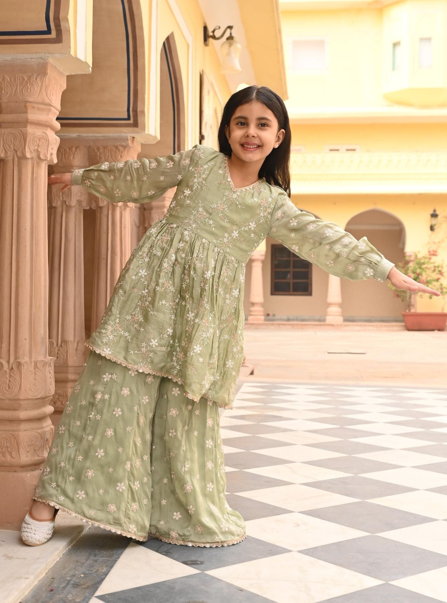 Mulmul Organza Satin Doria Sage Green Kurta with Mulmul Organza Satin Doria Sage Green Sharara