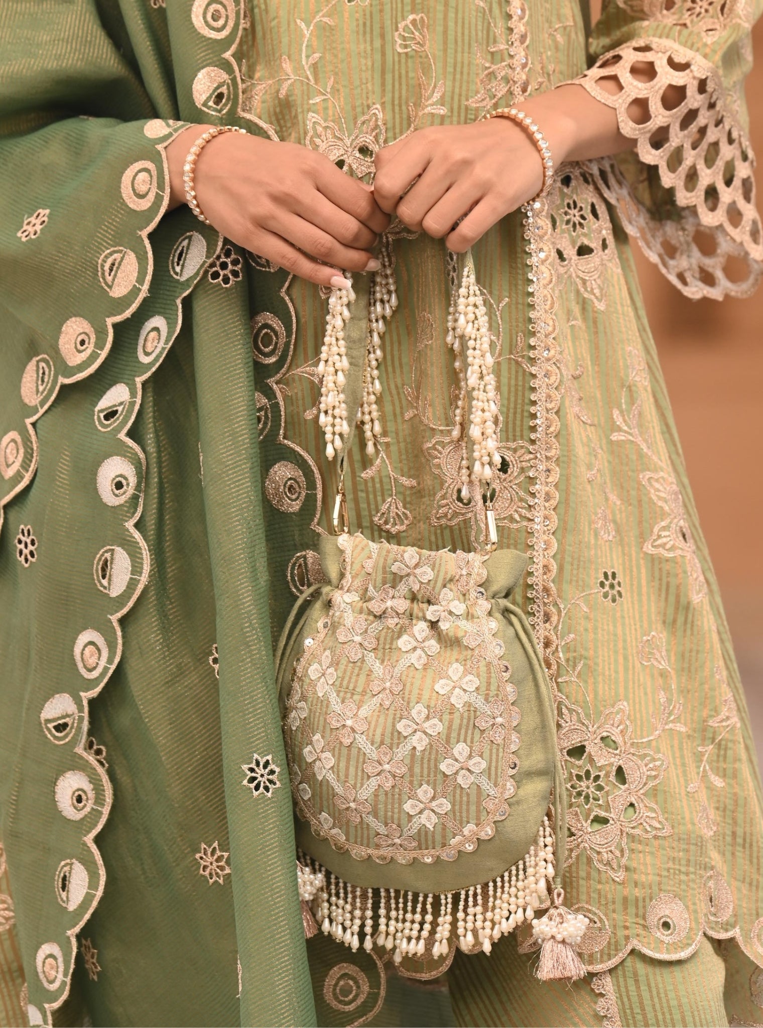 Mulmul Resham Sage Green Potli Bag