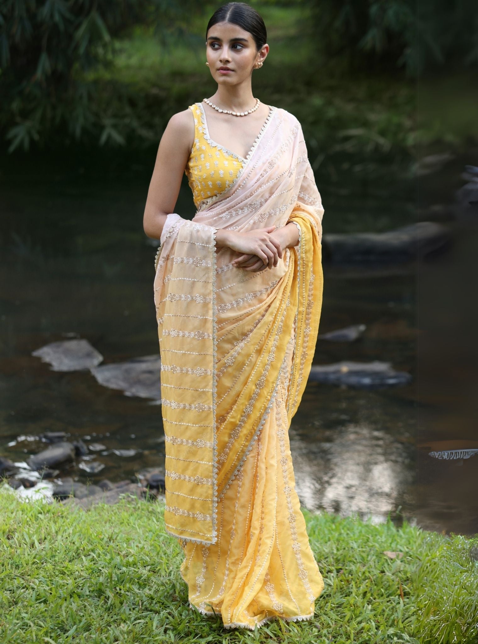 Mulmul Organza Ombre Junoon Yellow Saree