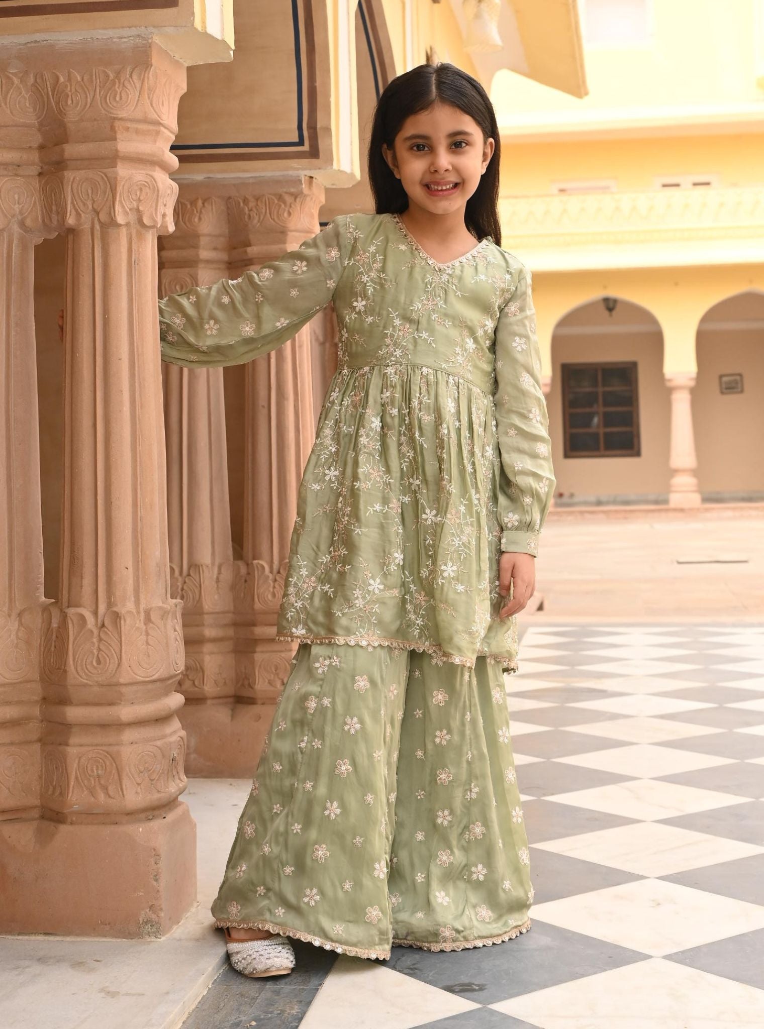 Mulmul Organza Satin Doria Sage Green Kurta with Mulmul Organza Satin Doria Sage Green Sharara