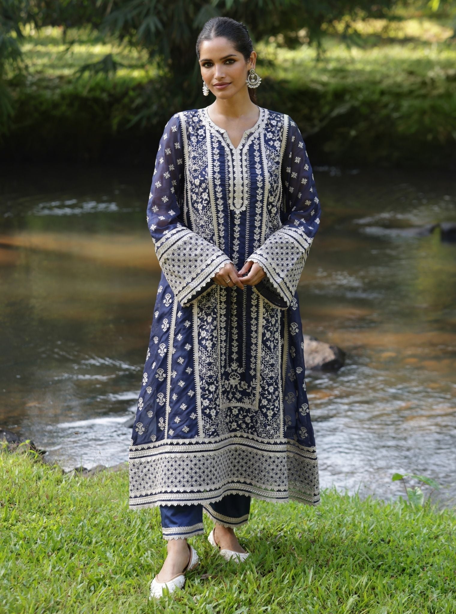 Mulmul Organza Katha Navy Anarkali Kurta With Mulmul Pima Satin Katha Navy Pant