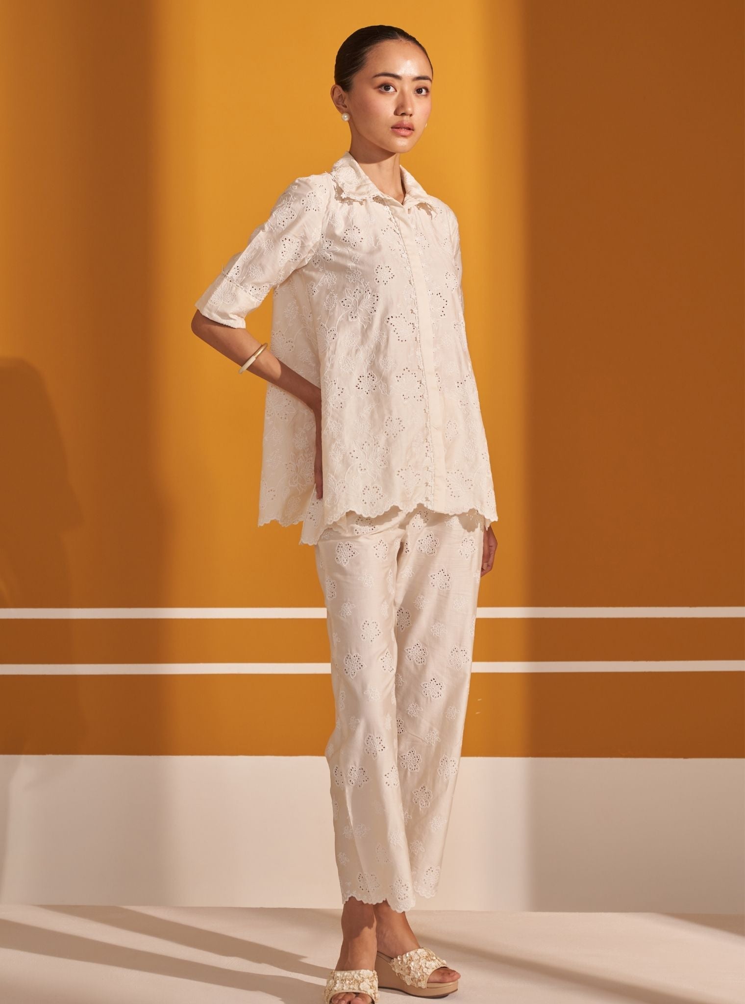 Mulmul Pima Satin Roselyn Off White Shirt with Mulmul Pima Satin Roselyn Off White Pant