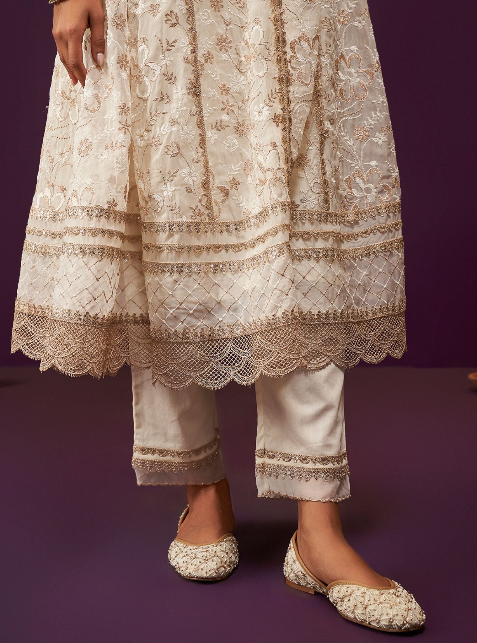 Mulmul Organza Sirikit Off White Anarkali Kurta With Mulmul Pima Satin Sirikit Off White Pant