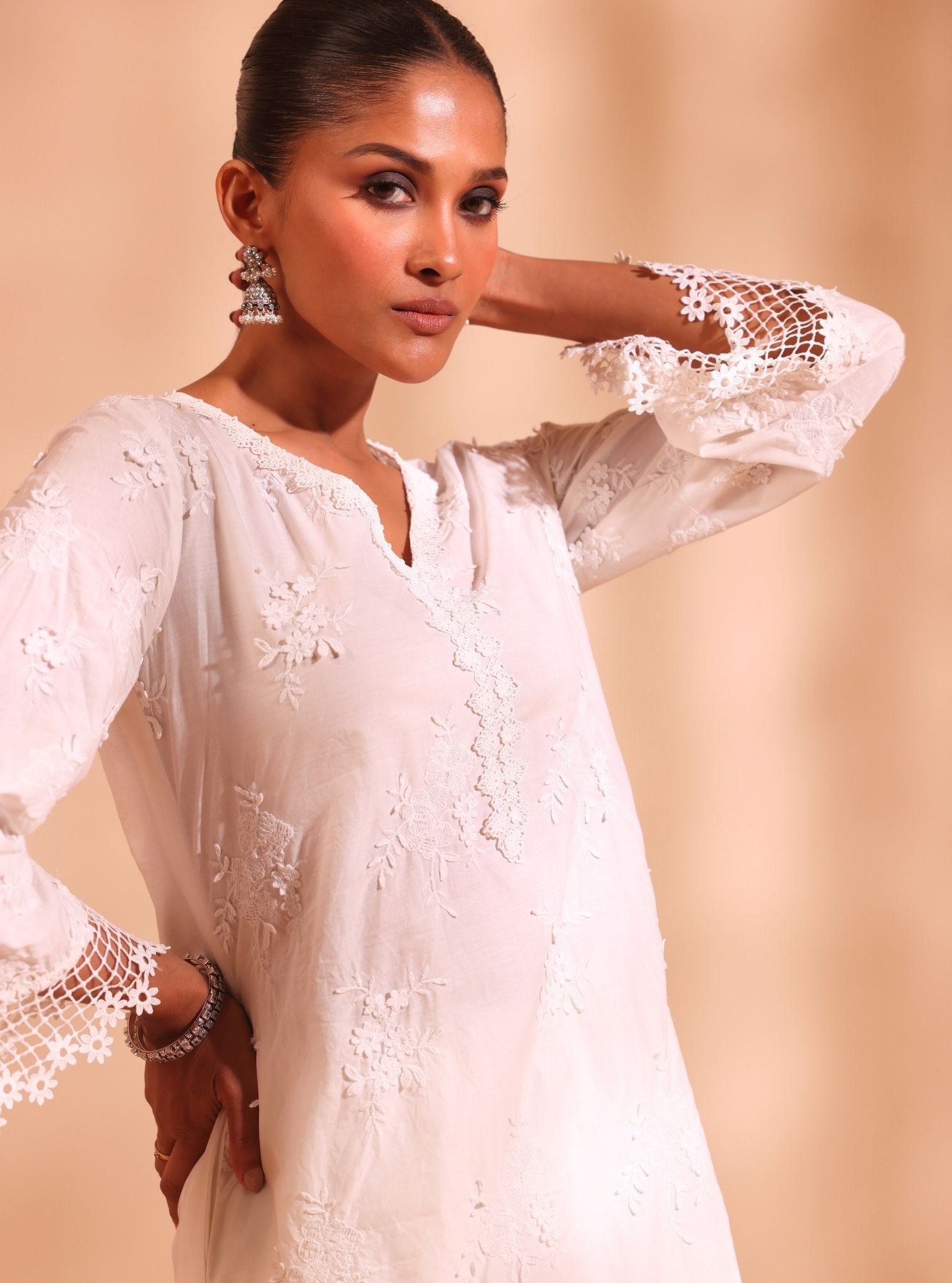 Mulmul Cotton Print Yamya White Kurta With Mulmul Cotton Yamya White Pant