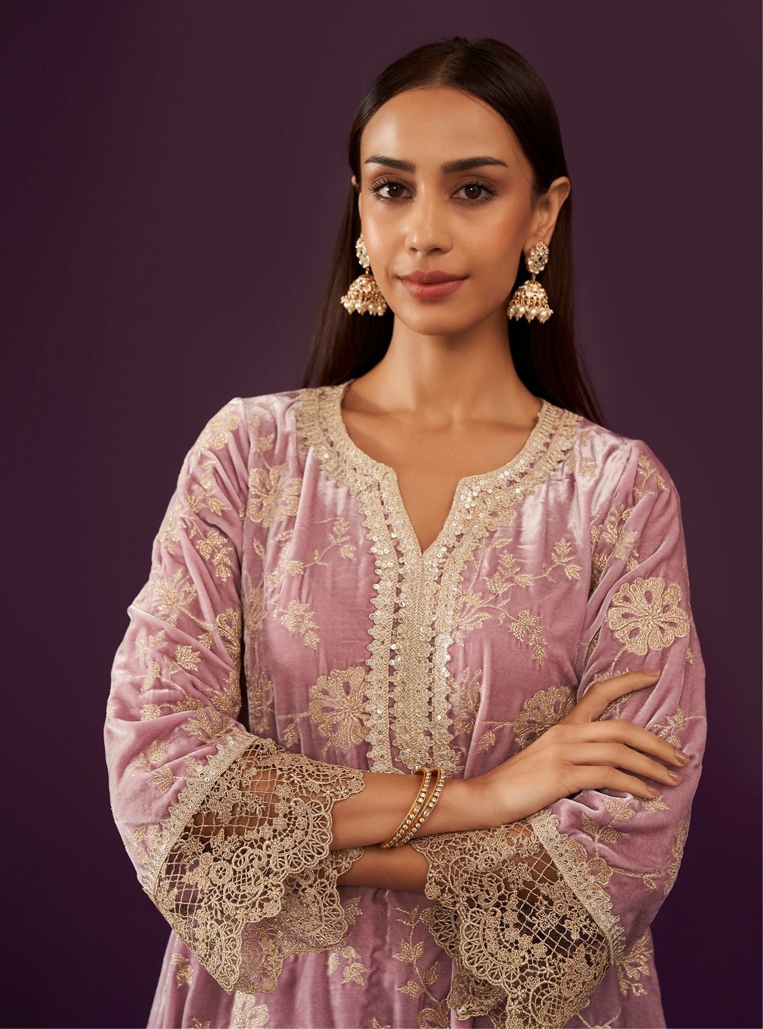 Mulmul Velvet Imani Lilac Kurta With Mulmul Velevt Imani Lilac Dhoti Pant