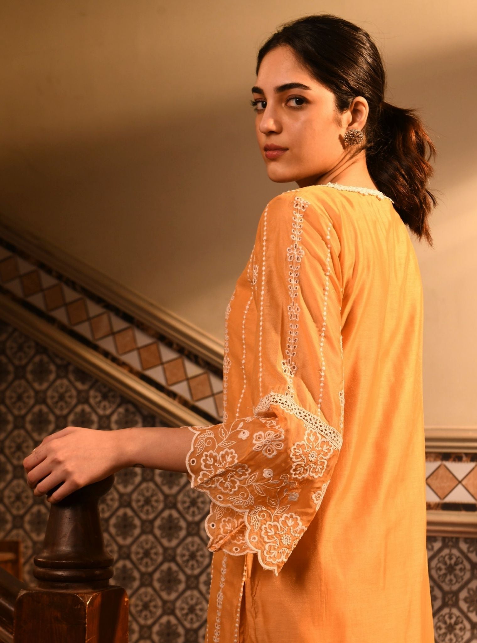 Mulmul Chanderi Reef Orange Kurta With Mulmul Cotton Reef Orange Pant