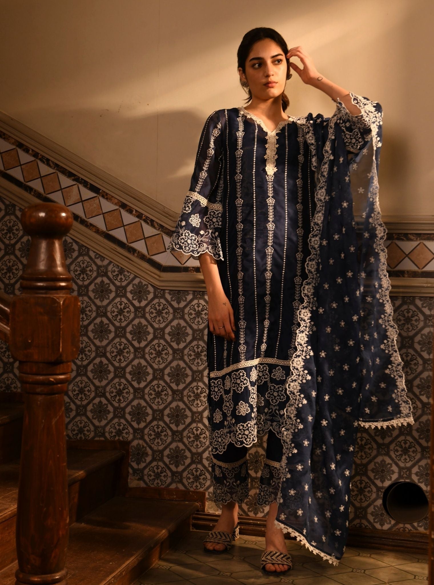 Mulmul Chanderi Reef Navy Kurta With Mulmul Cotton Reef Navy Pant