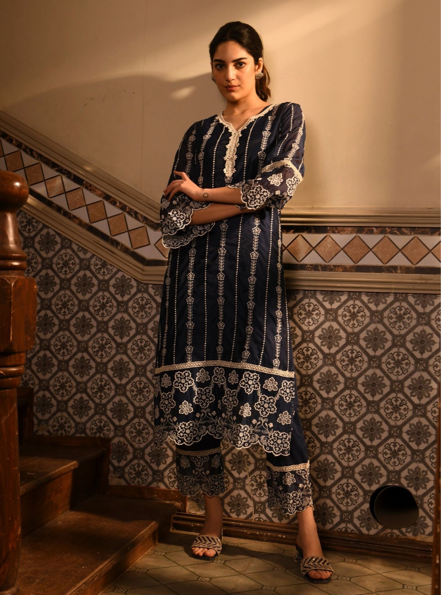 Mulmul Chanderi Reef Navy Kurta With Mulmul Cotton Reef Navy Pant