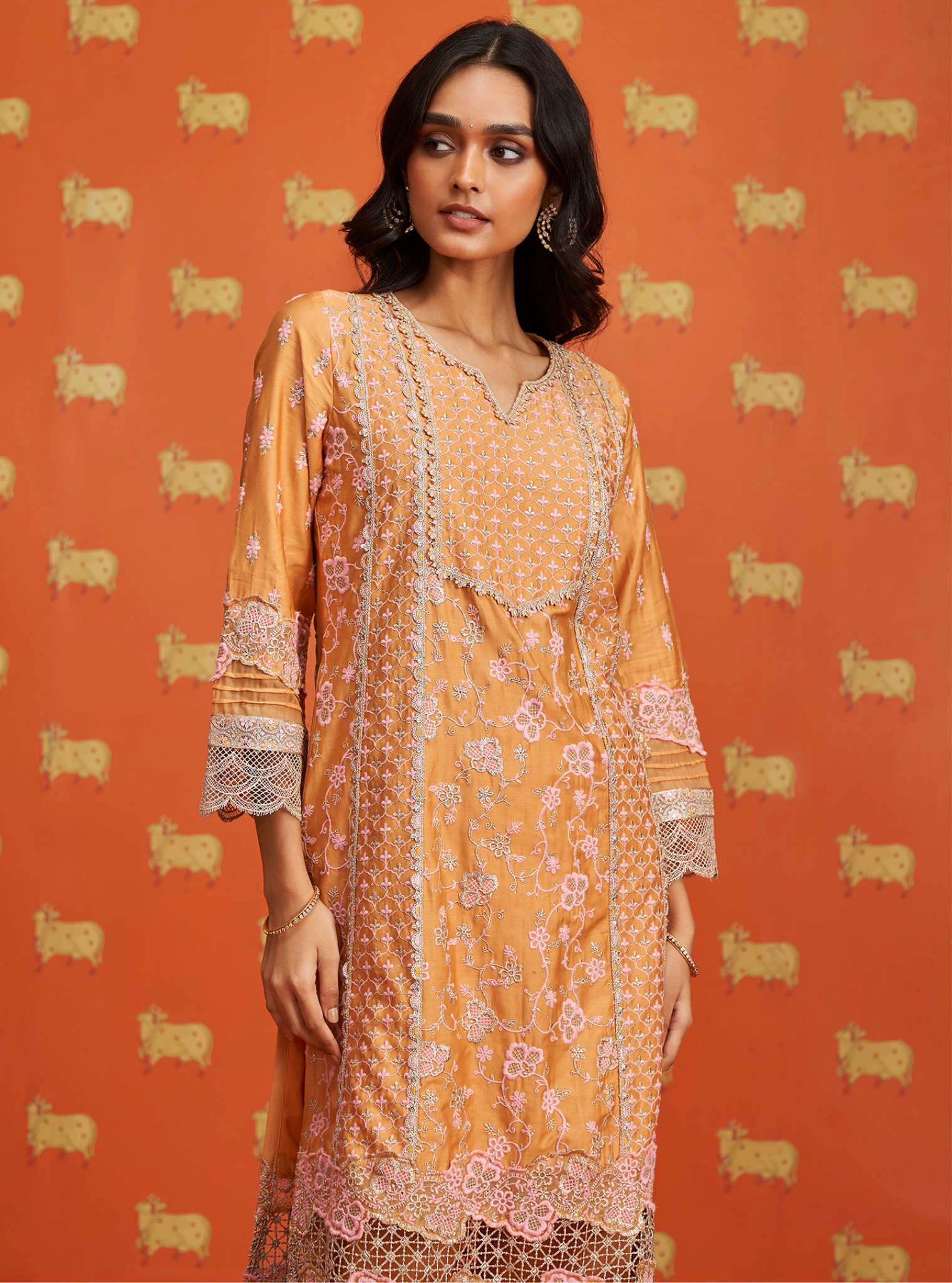 Mulmul Pima Satin Anchali Orange Kurta With Mulmul Pima Satin Anchali Orange Pant