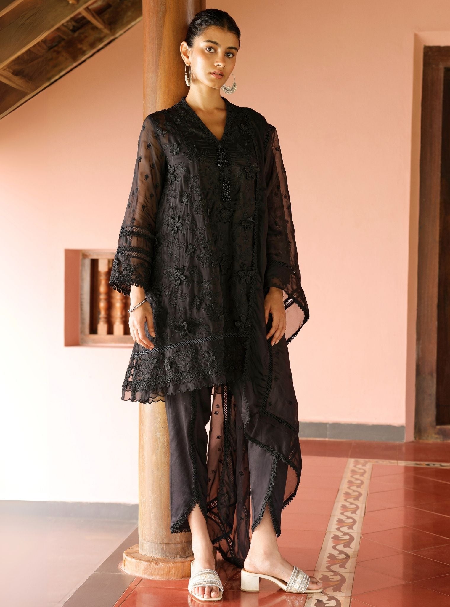 Mulmul Organza Uma Black Kurta With Mulmul Cotton Uma Black Dhoti Pant