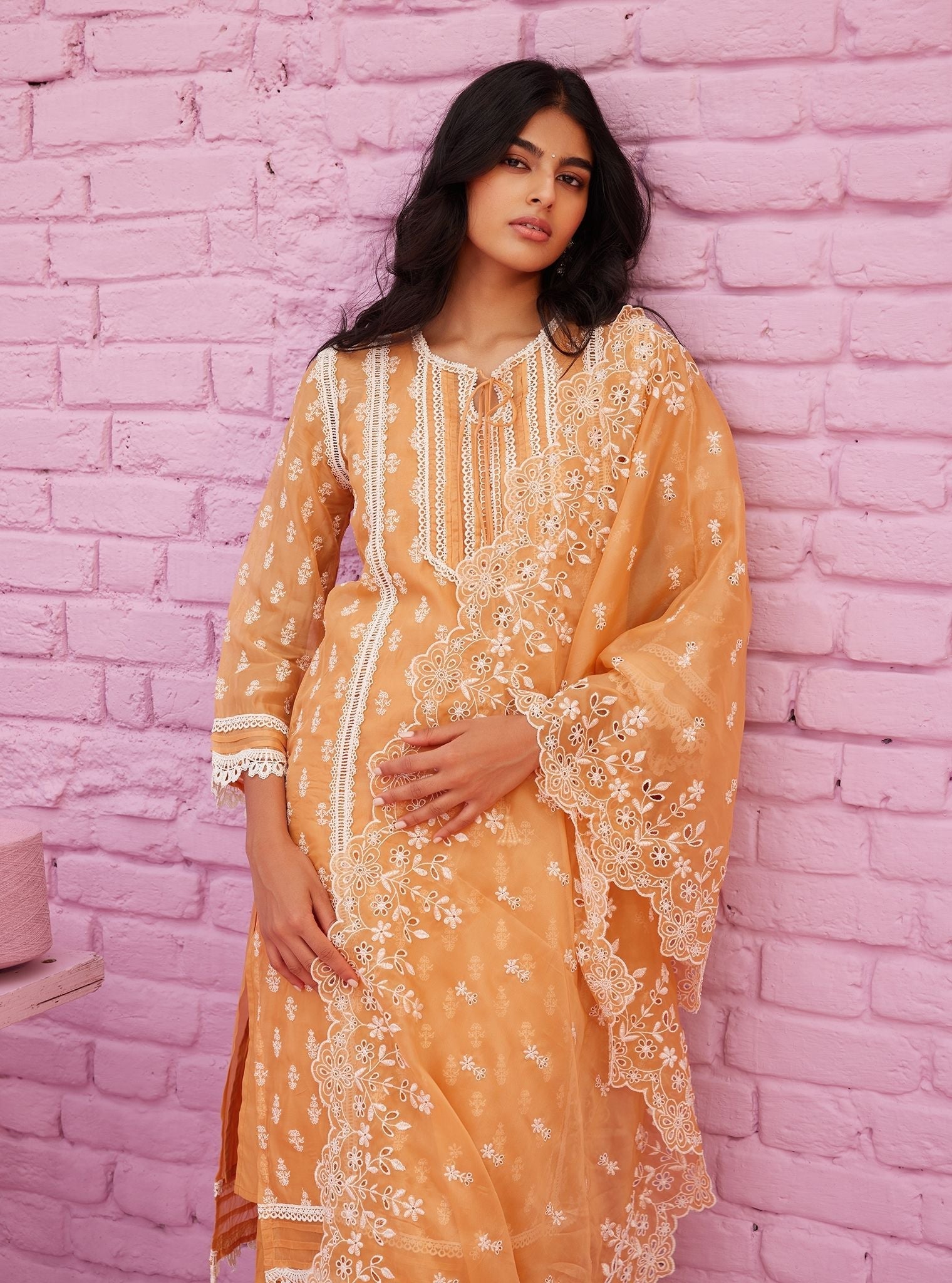 Mulmul Organza Aarina Orange Kurta With Mulmul Cotton Aarina Orange Pant