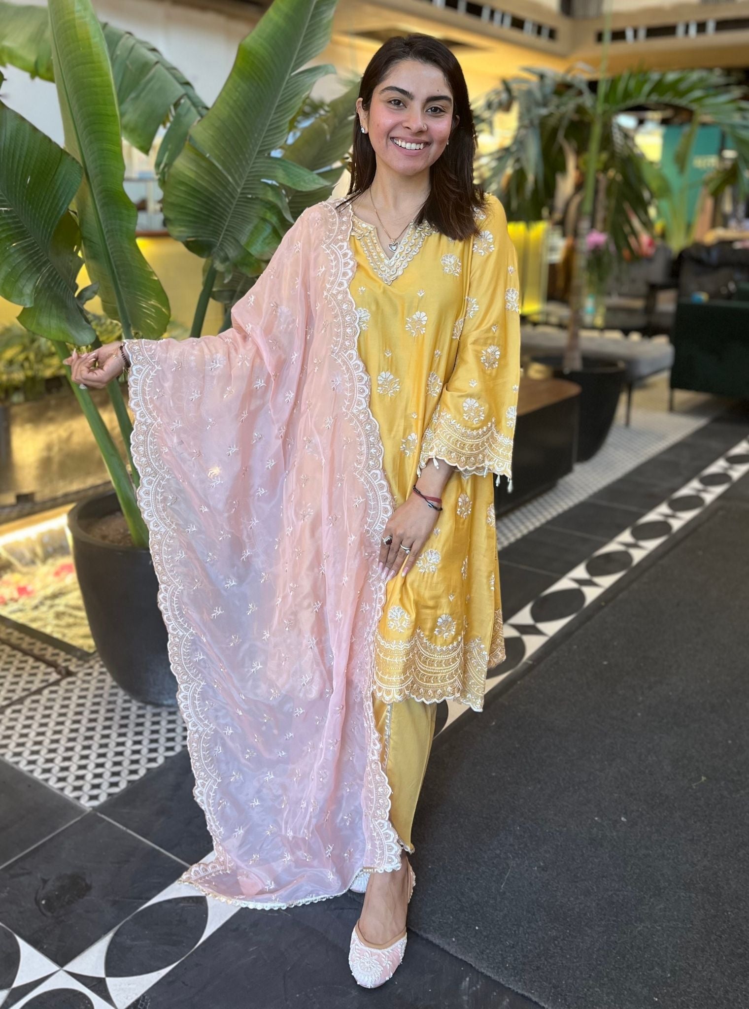 Mulmul Luxe Satin Mehar Yellow Kurta with Mulmul Luxe Satin Mehar Yellow Pant