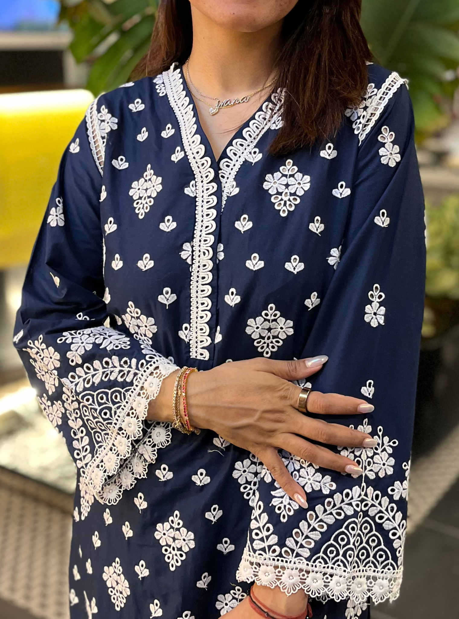 Mulmul Cotton Peehu Navy Kurta with Mulmul Cotton Peehu Navy Pant