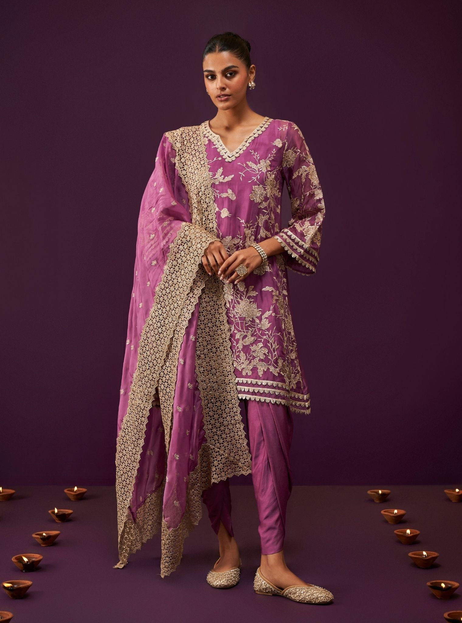 Mulmul Organza Sunee Grape Kurta With Mulmul Cupro Satin Sunee Grape Salwar