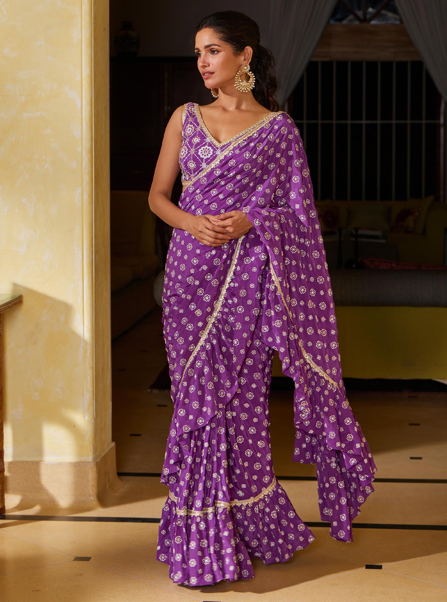 Mulmul Crepe Brahmi Pre-Stitched Purple Saree