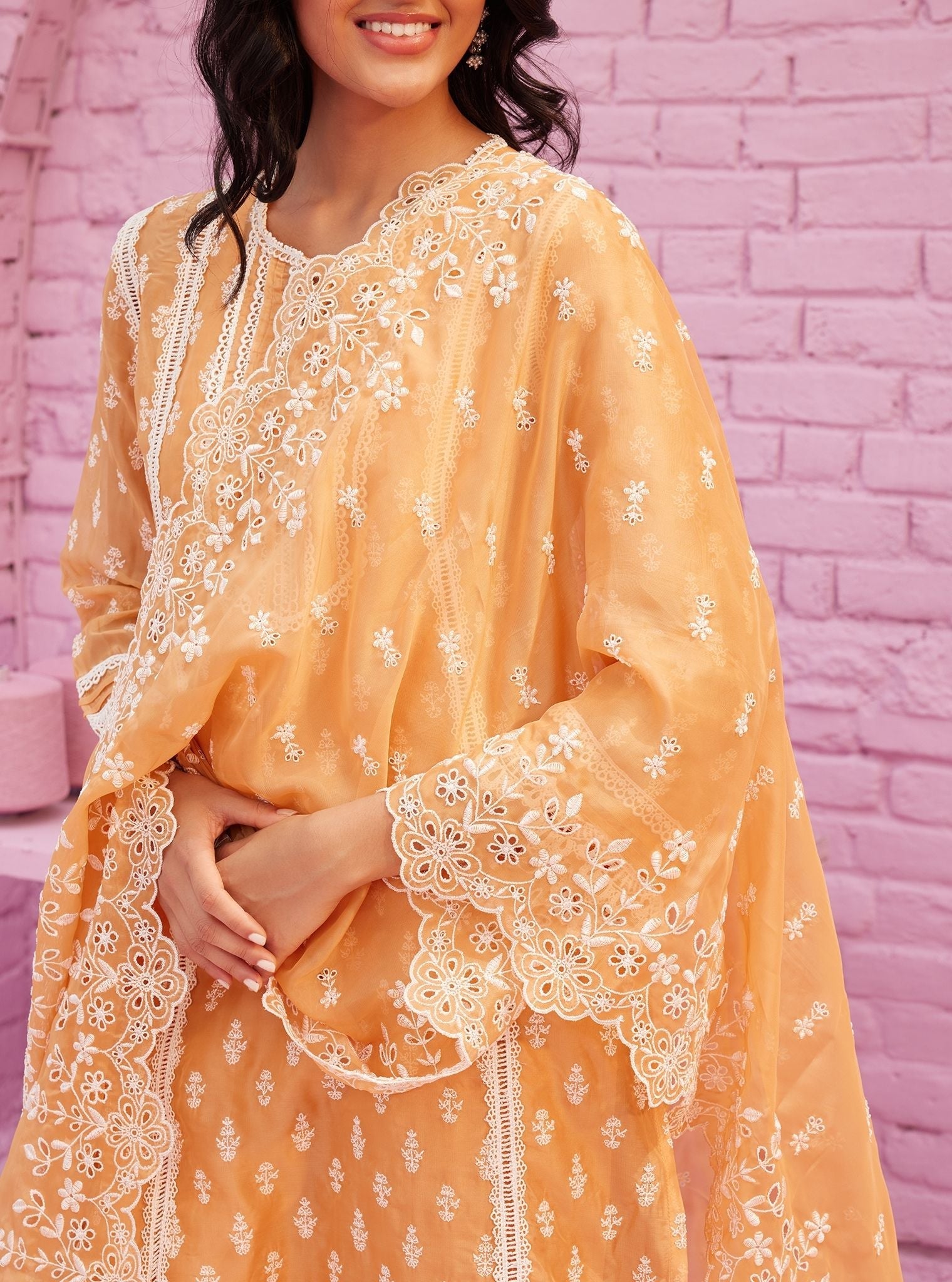 Mulmul Oganza Aarina Orange Kurta With Mulmul Cotton Aarina Orange Pant