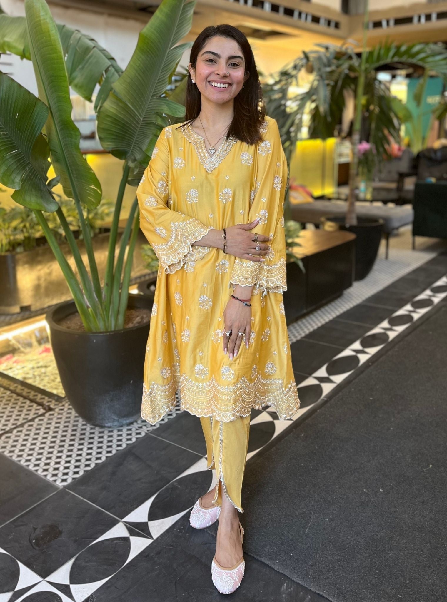 Mulmul Luxe Satin Mehar Yellow Kurta with Mulmul Luxe Satin Mehar Yellow Pant