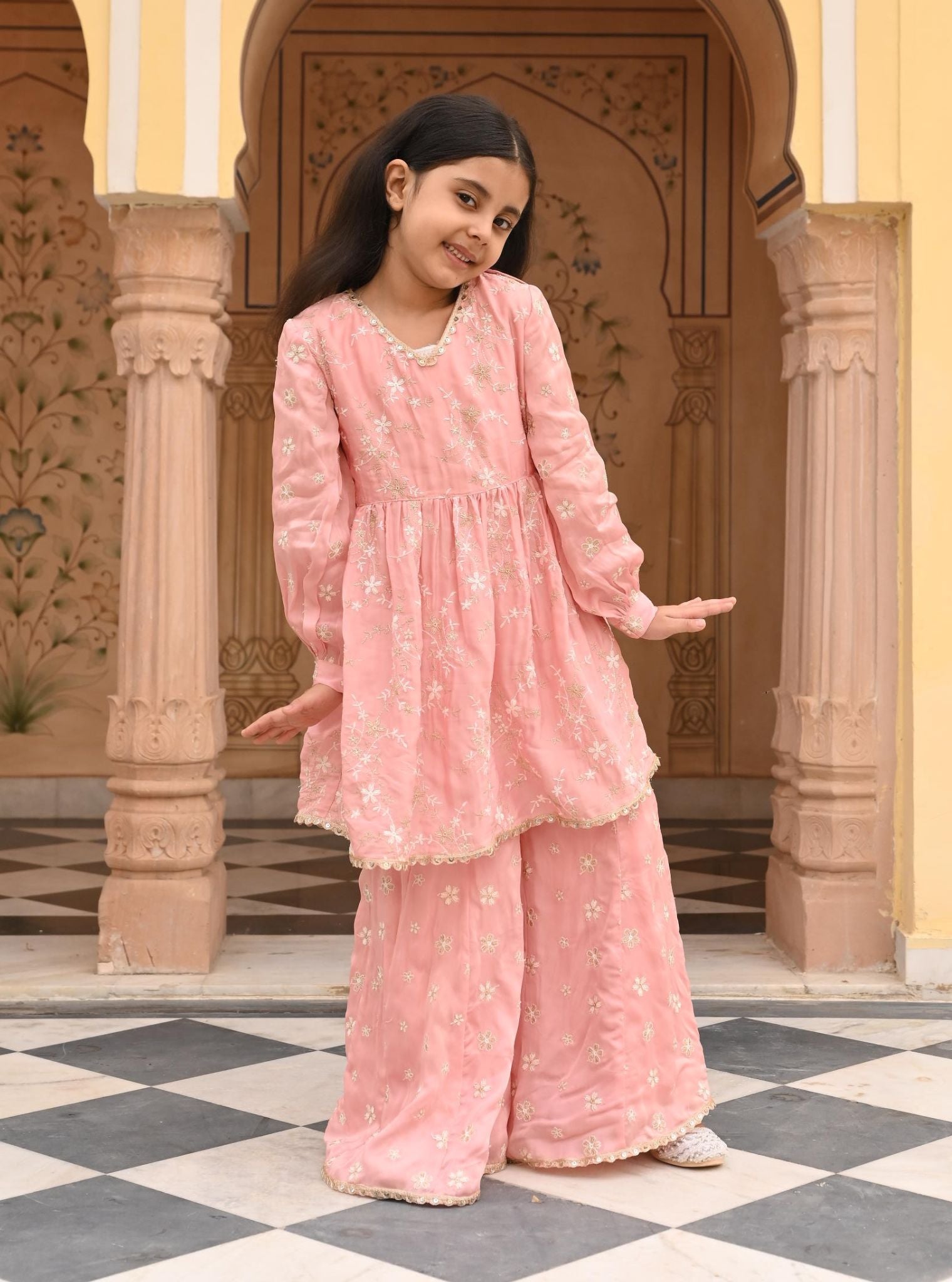 Mulmul Organza Satin Doria Pink Kurta with Mulmul Organza Satin Doria Pink Sharara