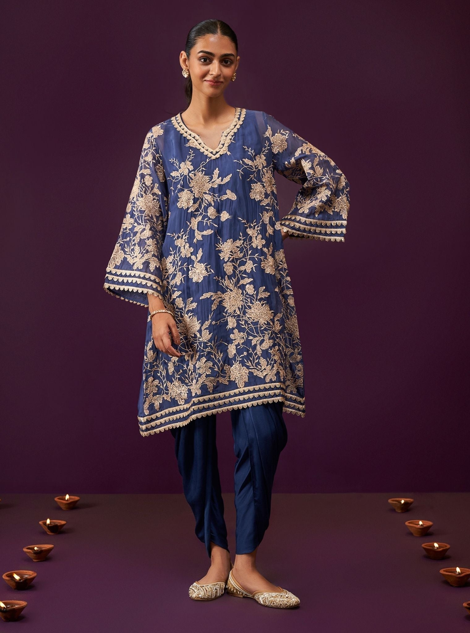 Mulmul Organza Sunee Navy Kurta With Mulmul Cupro Satin Sunee Navy Salwar