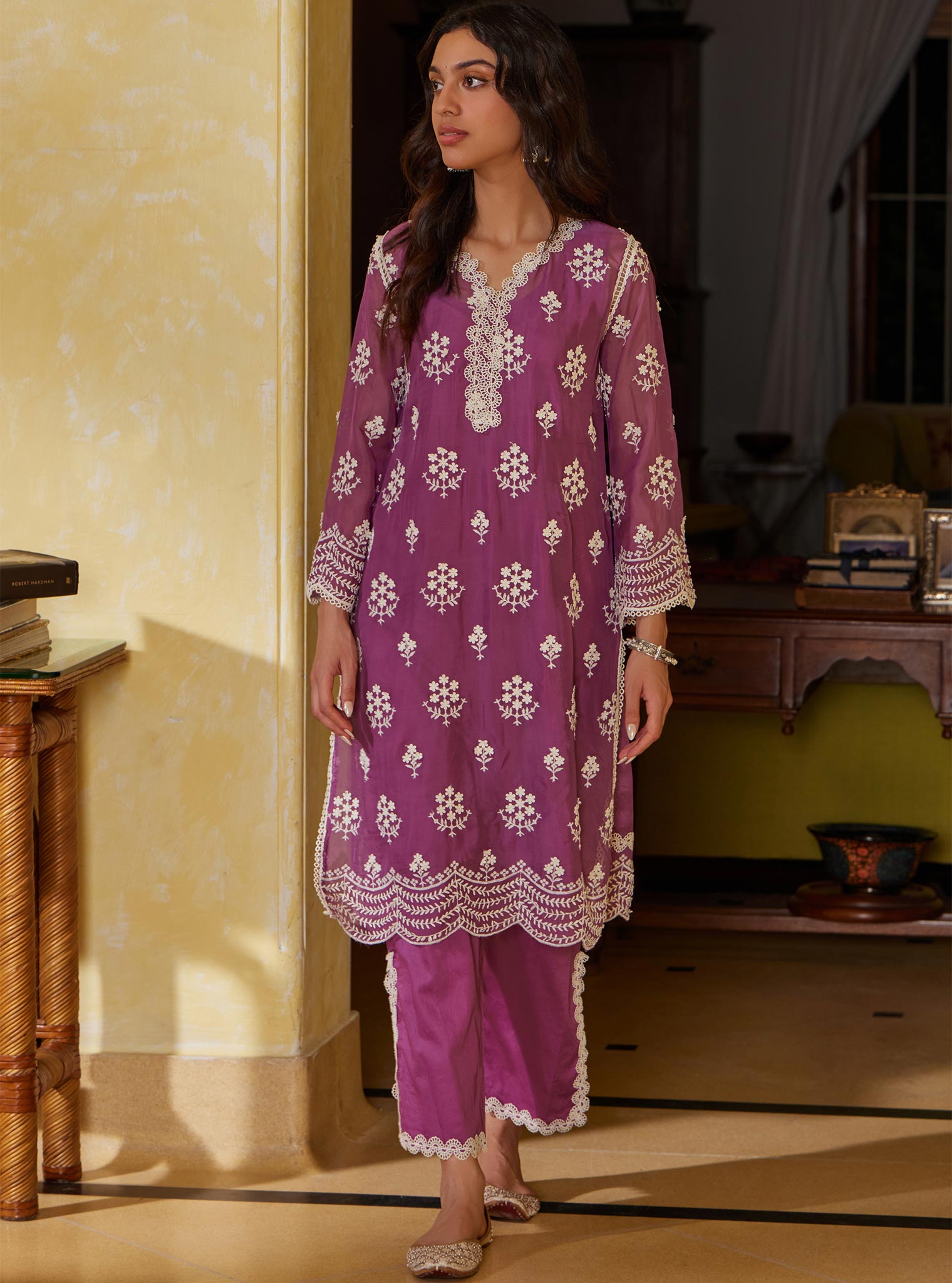 Mulmul Organza Aruni Lilac Kurta with Mulmul Pima Aruni Lilac Pant