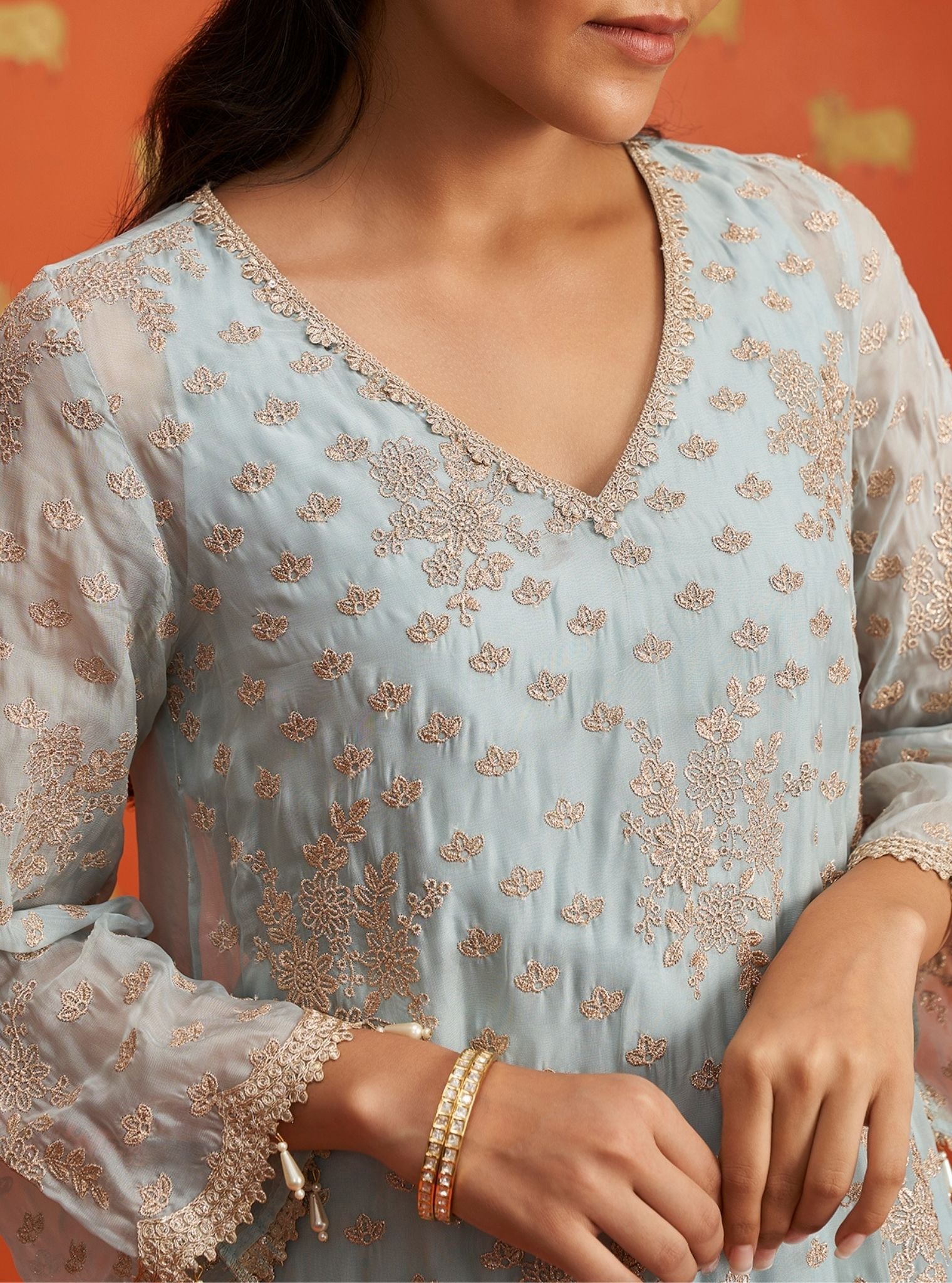 Mulmul Organza Suwanni Light Blue Kurta With Mulmul Organza Suwanni Light Blue Pant