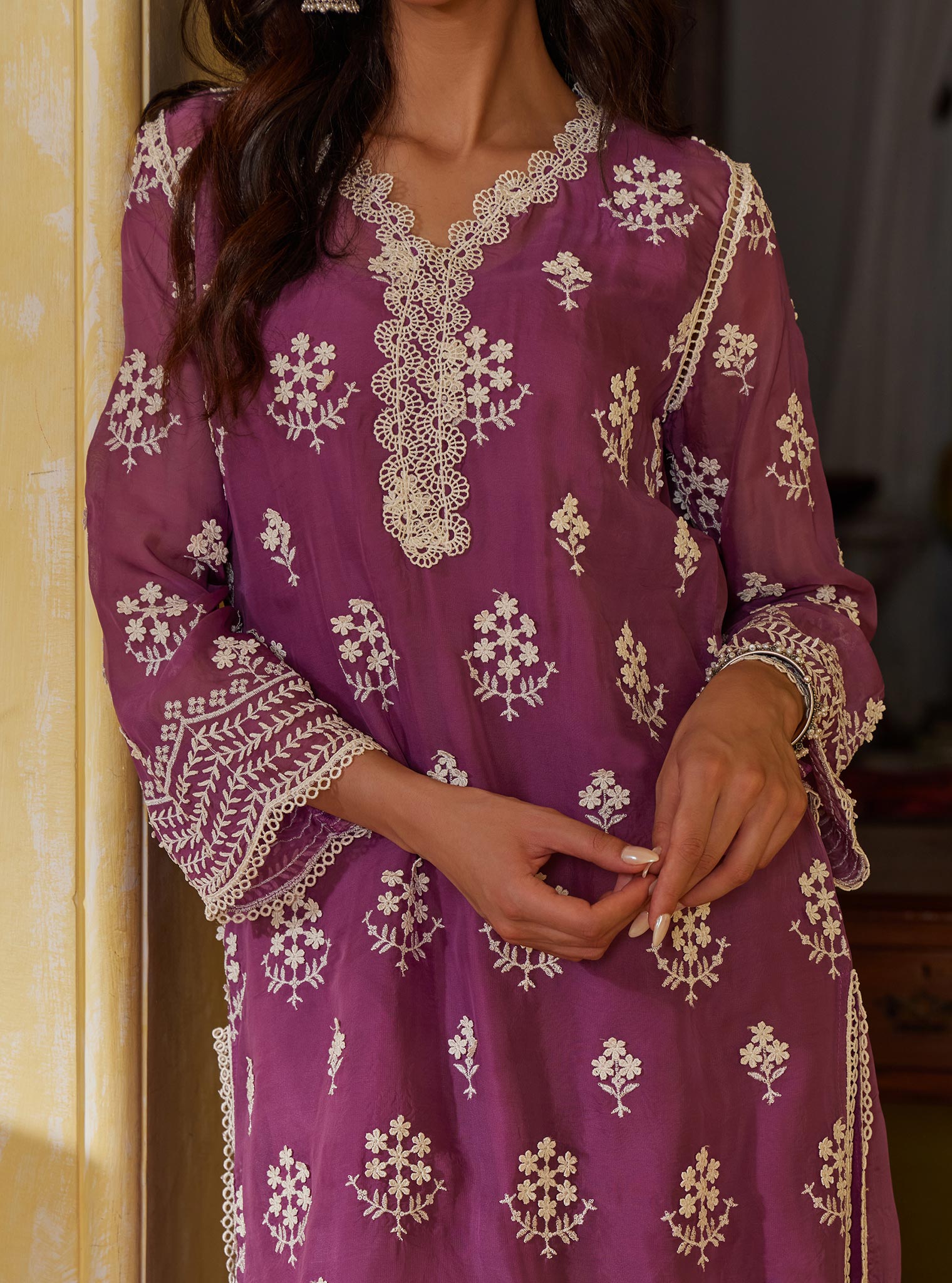 Mulmul Organza Aruni Lilac Kurta with Mulmul Pima Aruni Lilac Pant