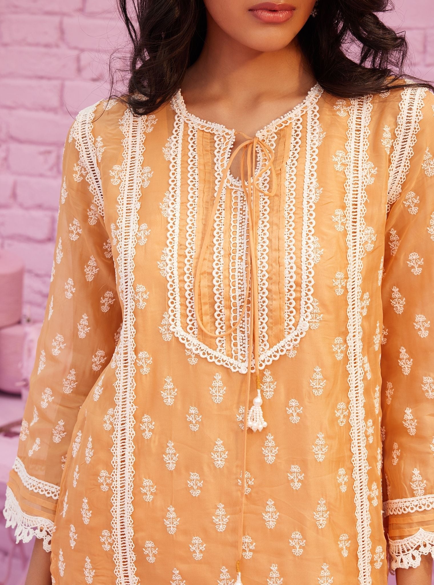 Mulmul Organza Aarina Orange Kurta With Mulmul Cotton Aarina Orange Pant