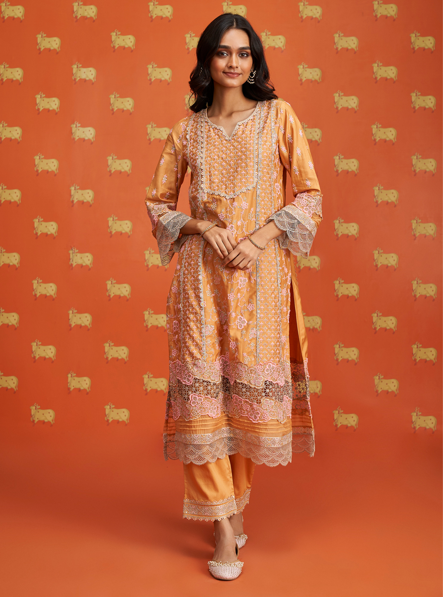 Mulmul Pima Satin Anchali Orange Kurta With Mulmul Pima Satin Anchali Orange Pant