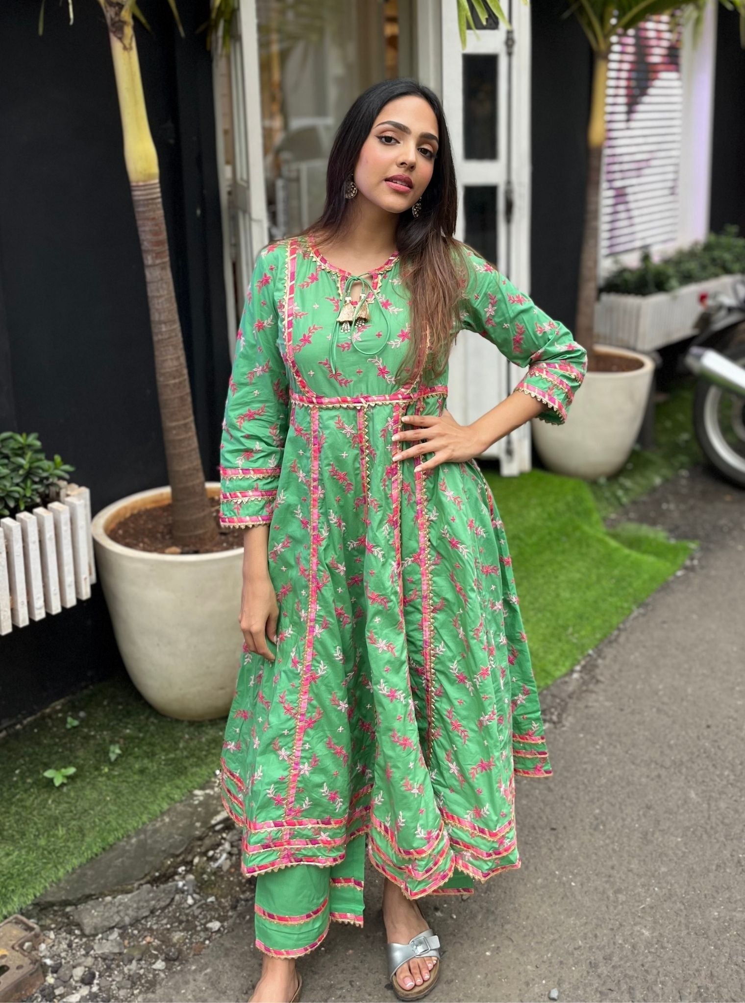 Mulmul Cotton Melenia Anarkali Green Kurta With Melenia Green Pant