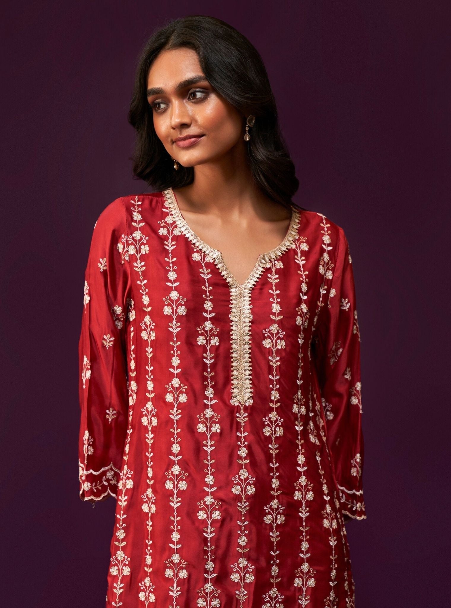 Mulmul Cupro Satin Tasanee Red Kurta With Mulmul Cupro Satin Tasanee Red Pant