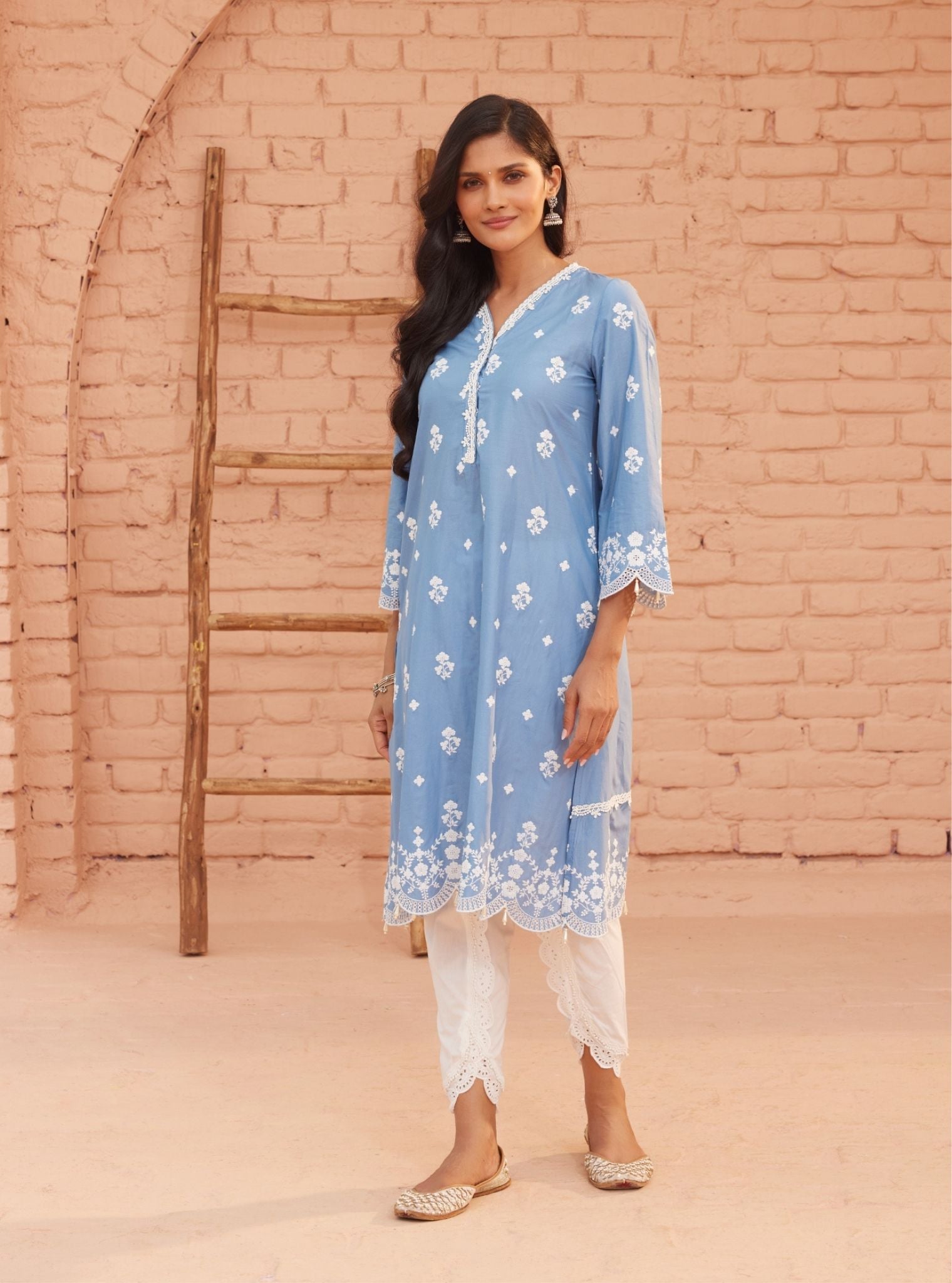 Mulmul Cotton Ghita Denim Kurta With Mulmul Cotton Border White Dhoti Pant