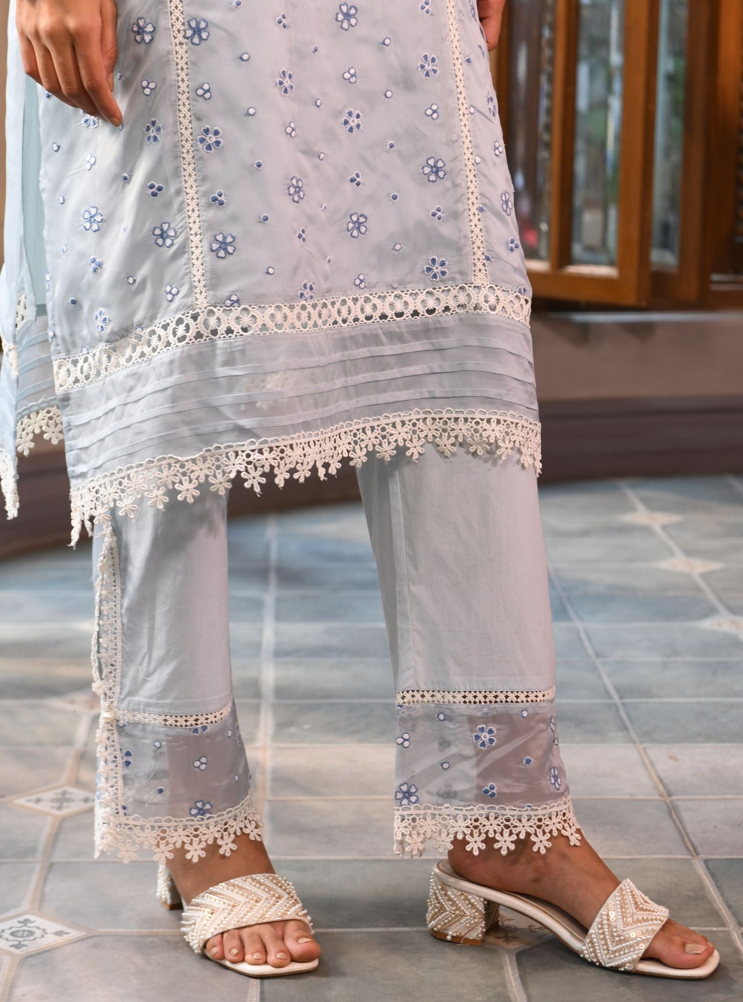 Mulmul Organza Simin Light Blue Kurta With Mulmul Cotton Simin Light Blue pant