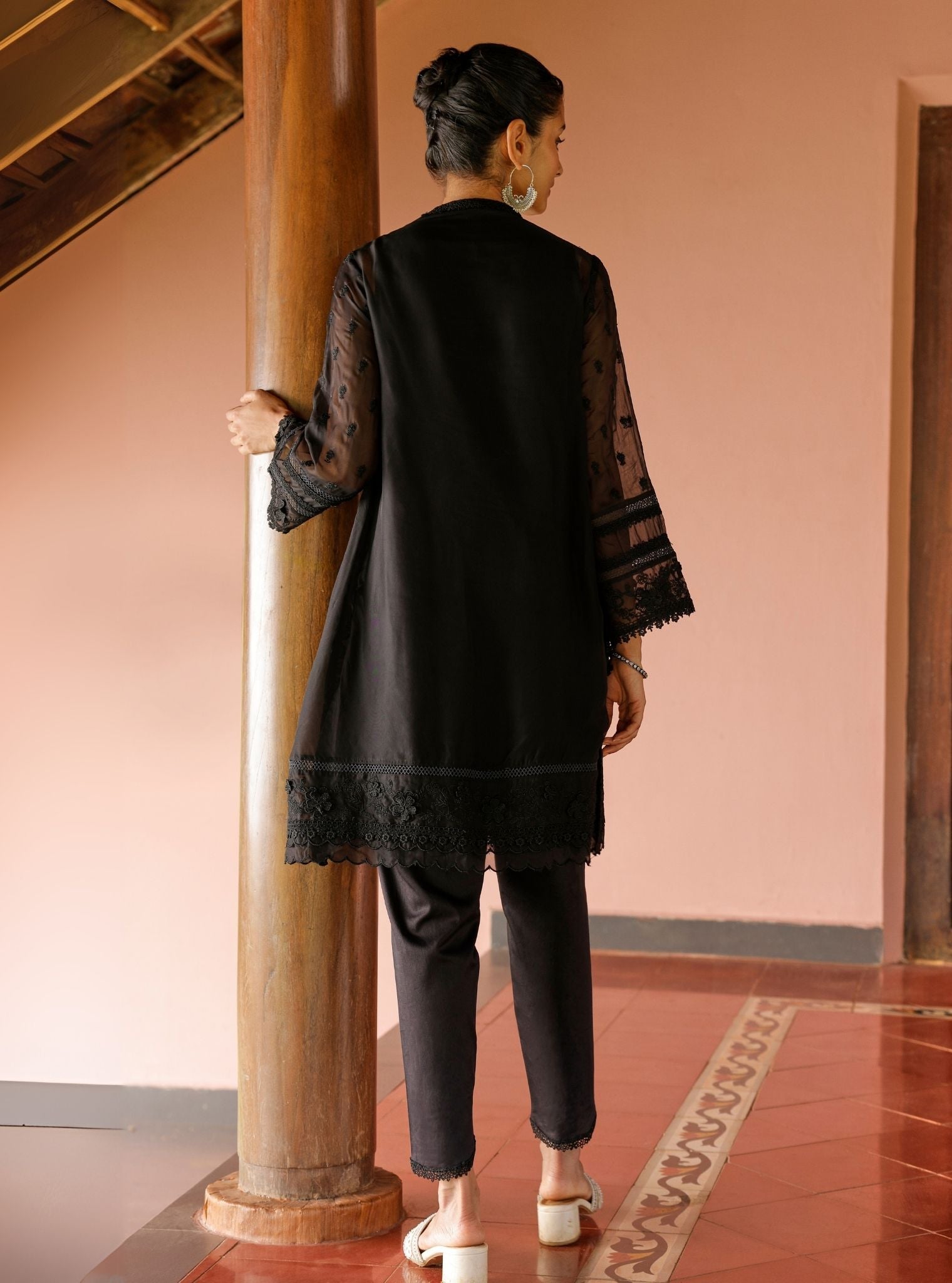 Mulmul Organza Uma Black Kurta With Mulmul Cotton Uma Black Dhoti Pant