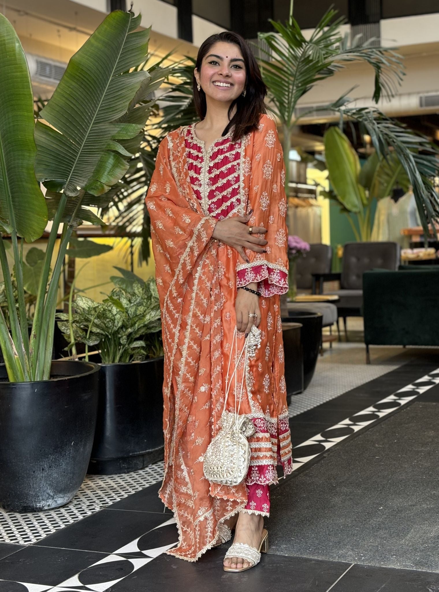 Mulmul Organza Satin Shubh Burnt Orange Kurta With Mulmul Pima Satin Shubh Burnt Orange Pant