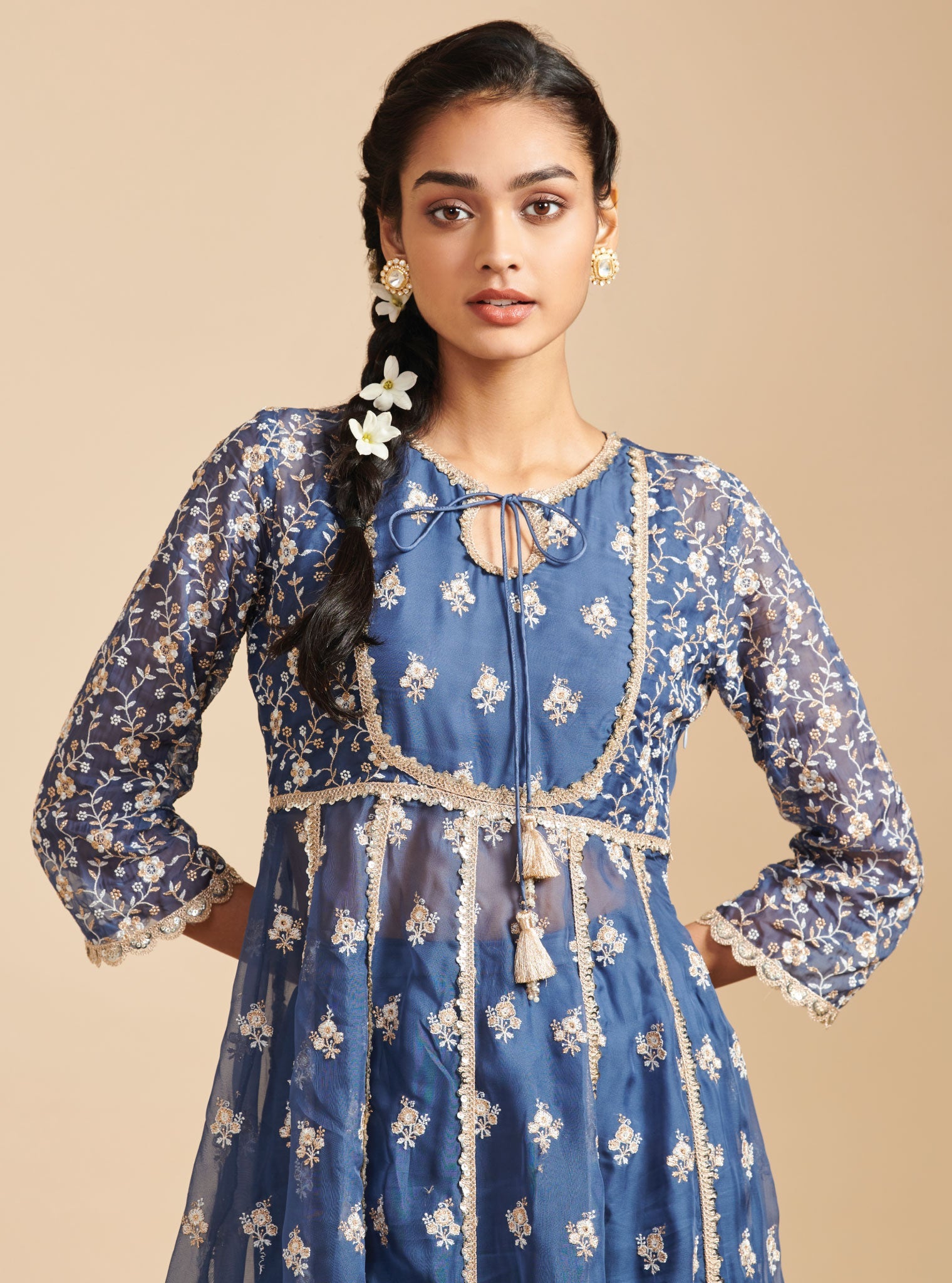 Mulmul Organza Dilbaro Navy Anarkali Kurta With Mulmul Cupro Dilbaro Navy pant