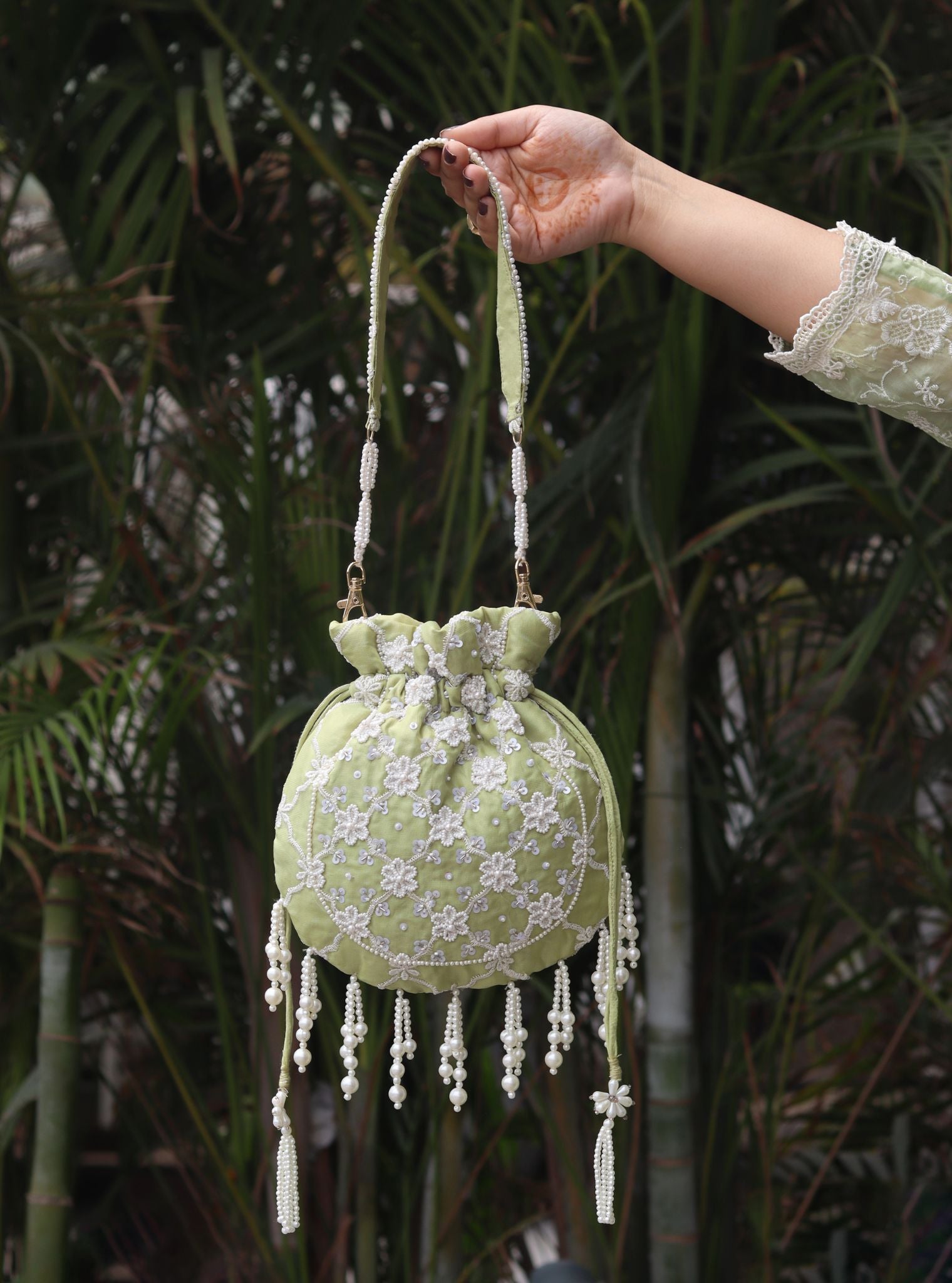 Mulmul Ruhani Lime Green Potli Bag