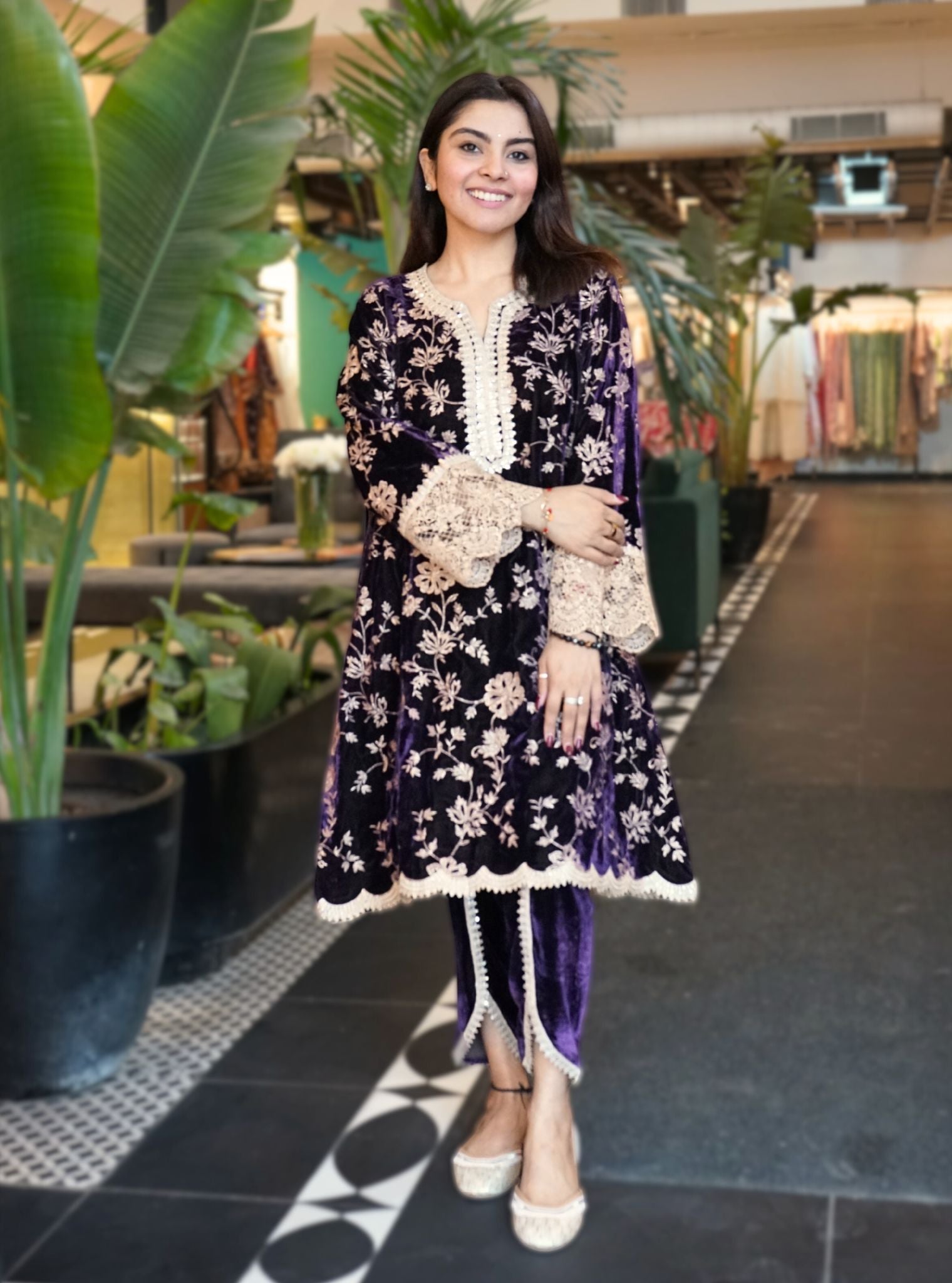 Mulmul Velvet Imani Purple Kurta With Mulmul Velevt Imani Purple Dhoti Pant