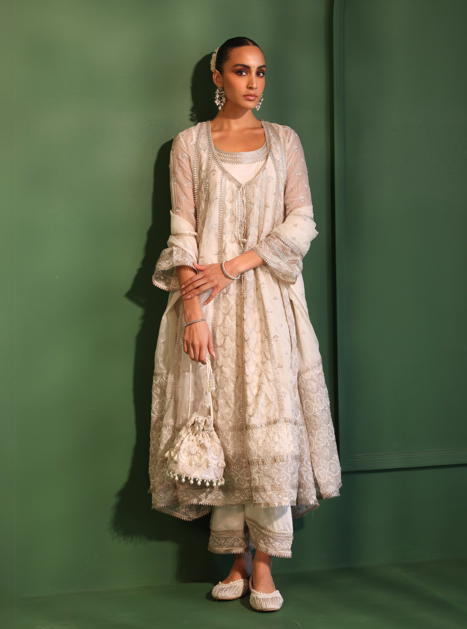 Mulmul Organza Dilruba Off White Anarkali Kurta With Mulmul Pima Satin Dilruba Off White Pant