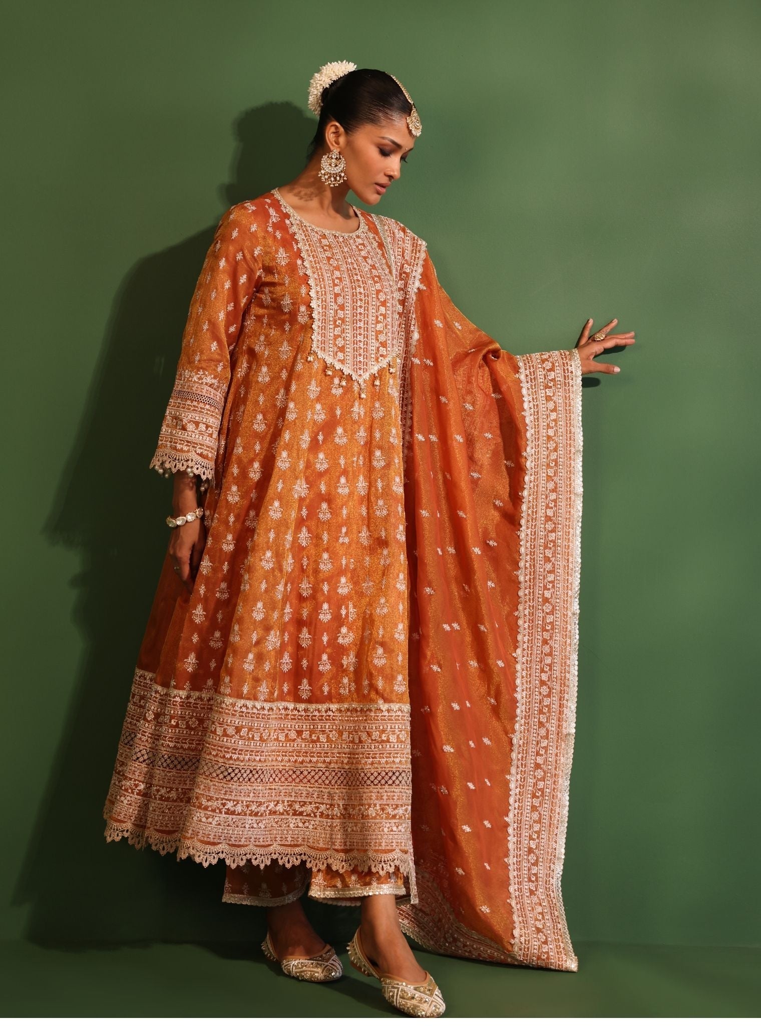 Mulmul Luxe Organza Jalwa Orange Anarkali Kurta With Mulmul Luxe Organza Jalwa Orange Anarkali Kurta